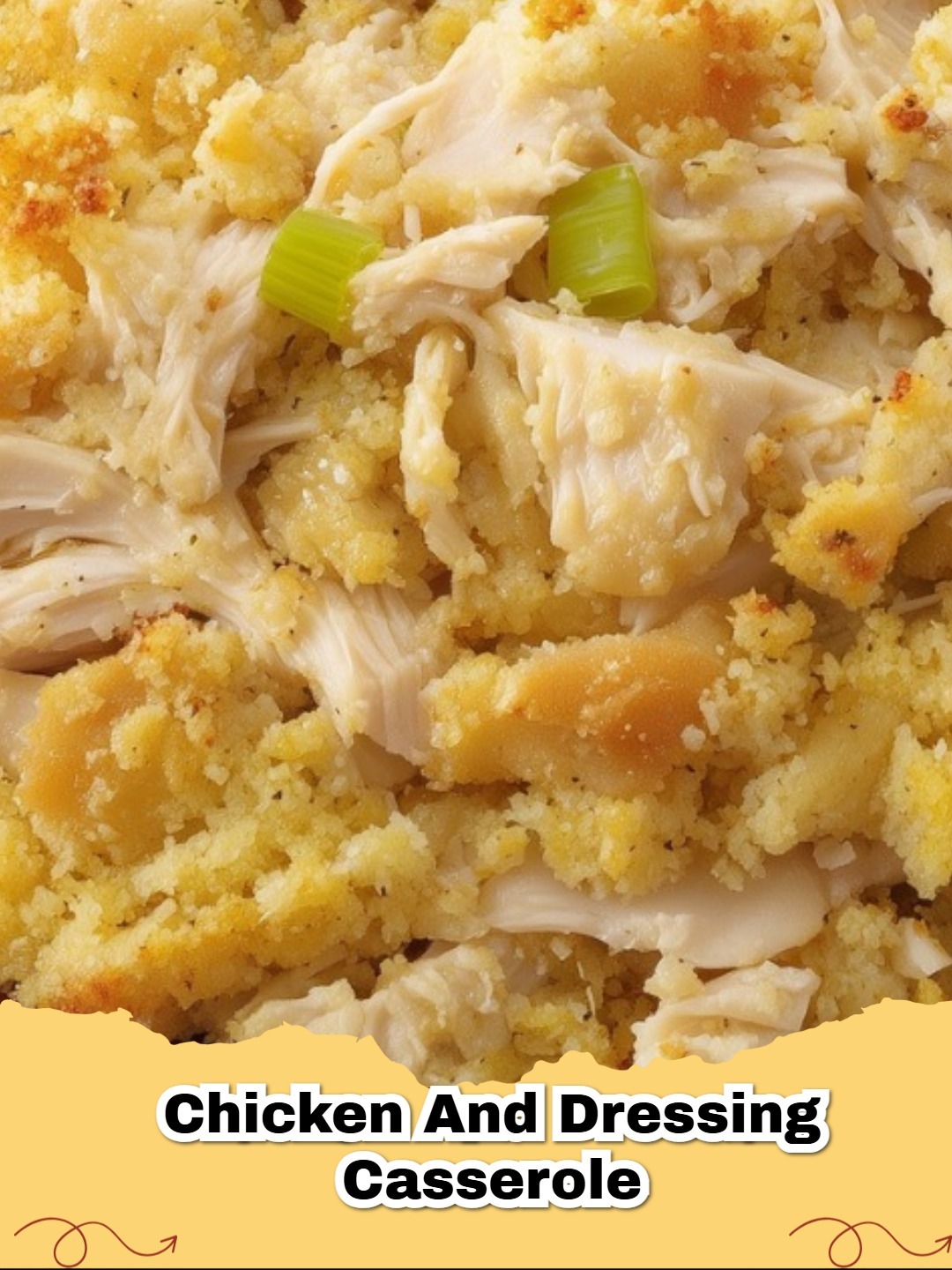A golden brown Easy Chicken and Cornbread Dressing Casserole in a baking dish, ready to serve.