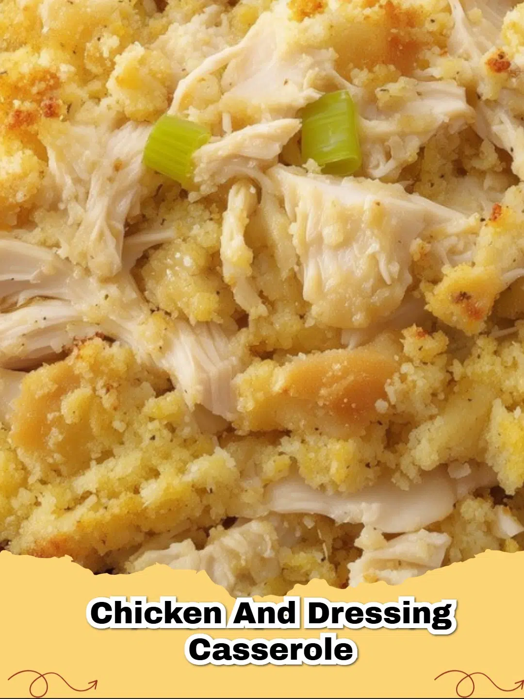 A golden brown Easy Chicken and Cornbread Dressing Casserole in a baking dish, ready to serve.
