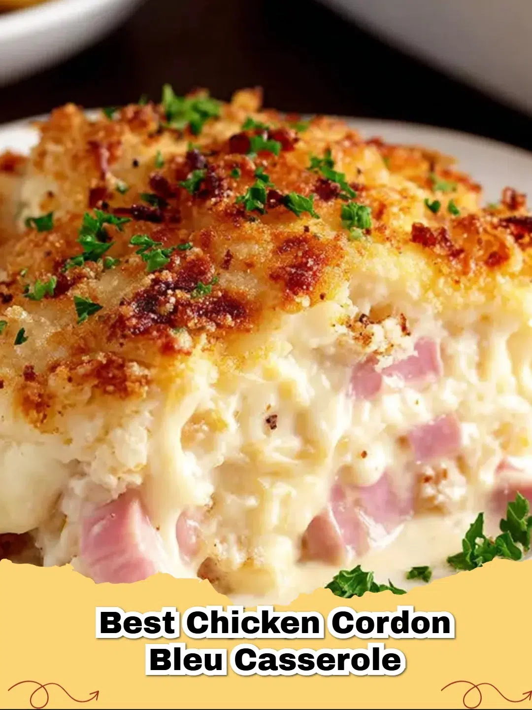 Delicious and cheesy Easy Chicken Cordon Bleu Casserole with a golden breadcrumb topping.