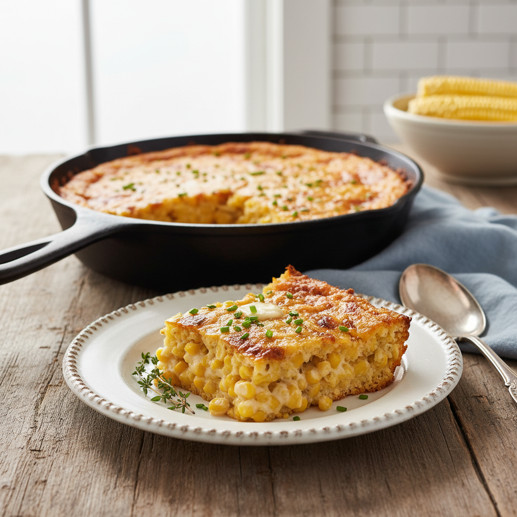 A golden brown, bubbly easy corn casserole in a white baking dish, fresh from the oven, with a serving spoon.