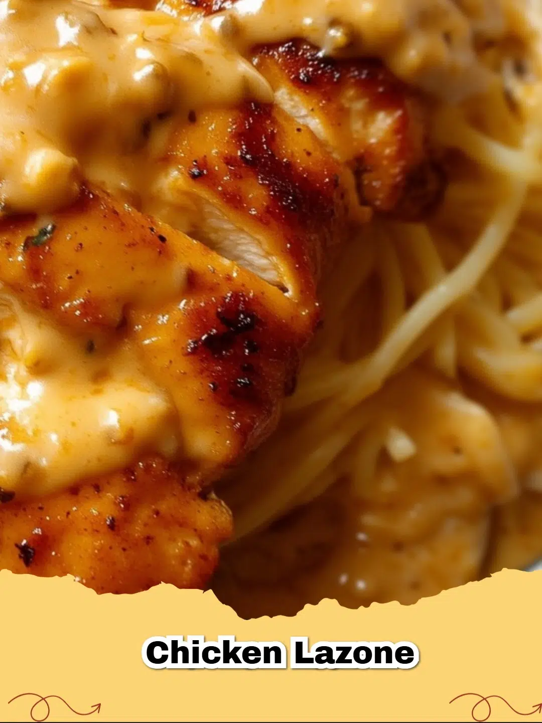 A close-up of creamy chicken lazone with tender chicken pieces coated in a rich, golden sauce, garnished with fresh parsley.