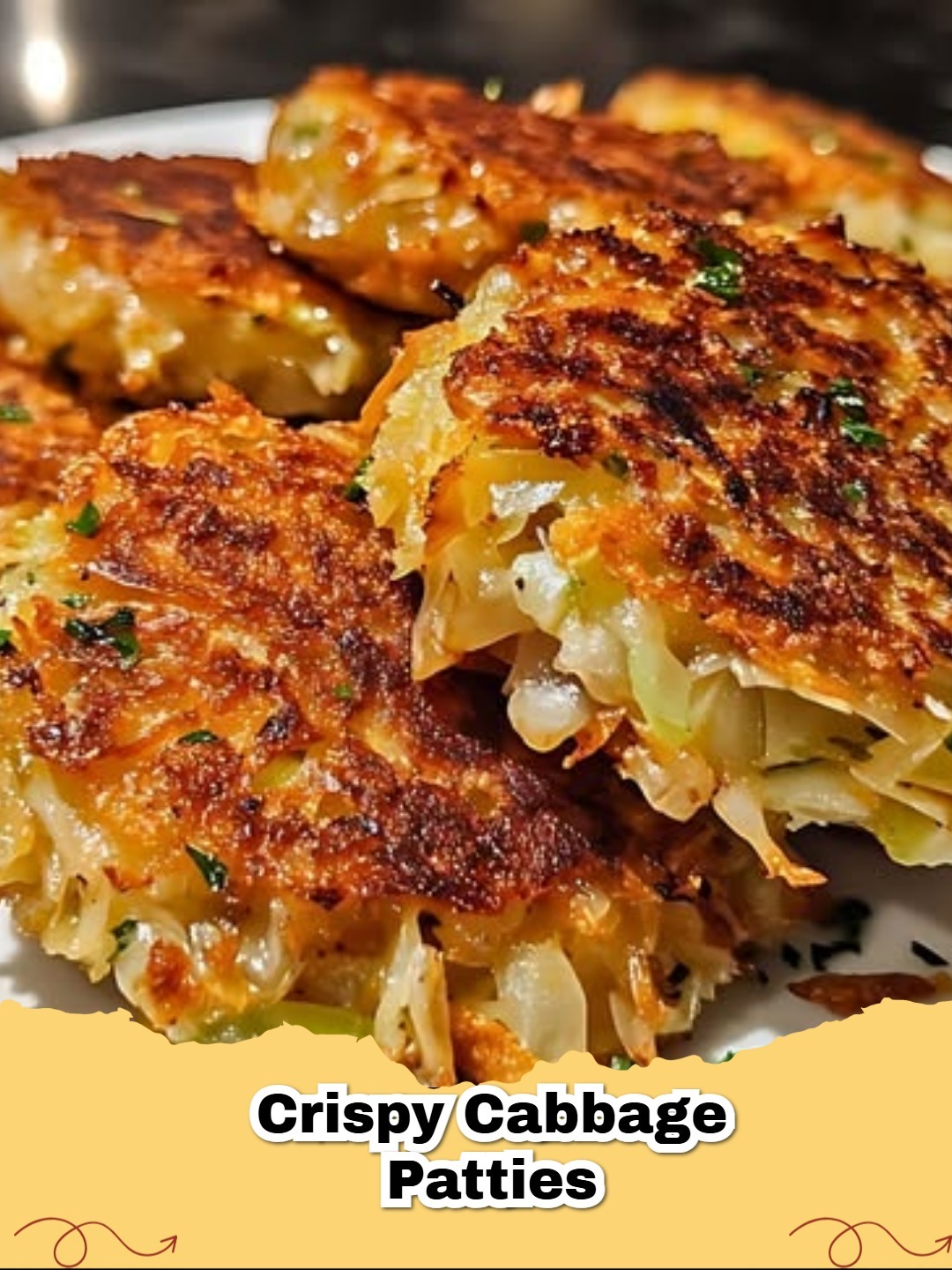 Golden brown, crispy cabbage patties served hot on a plate with sour cream