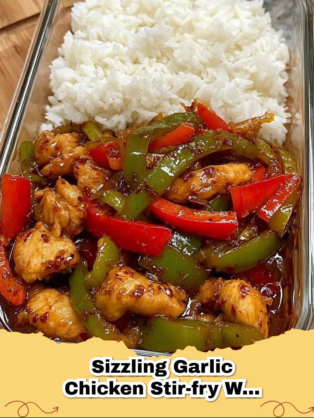 Easy Garlic Chicken Stir-Fry with vibrant red and green bell peppers served over fluffy white rice, garnished with green onions.