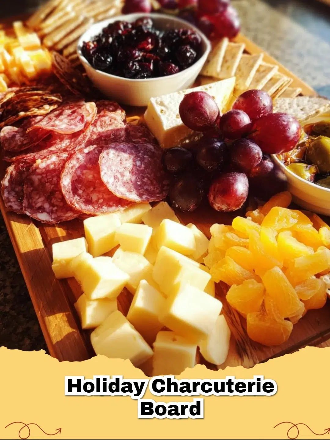 Beautifully arranged easy holiday charcuterie board featuring cheeses, meats, fruits, and nuts.