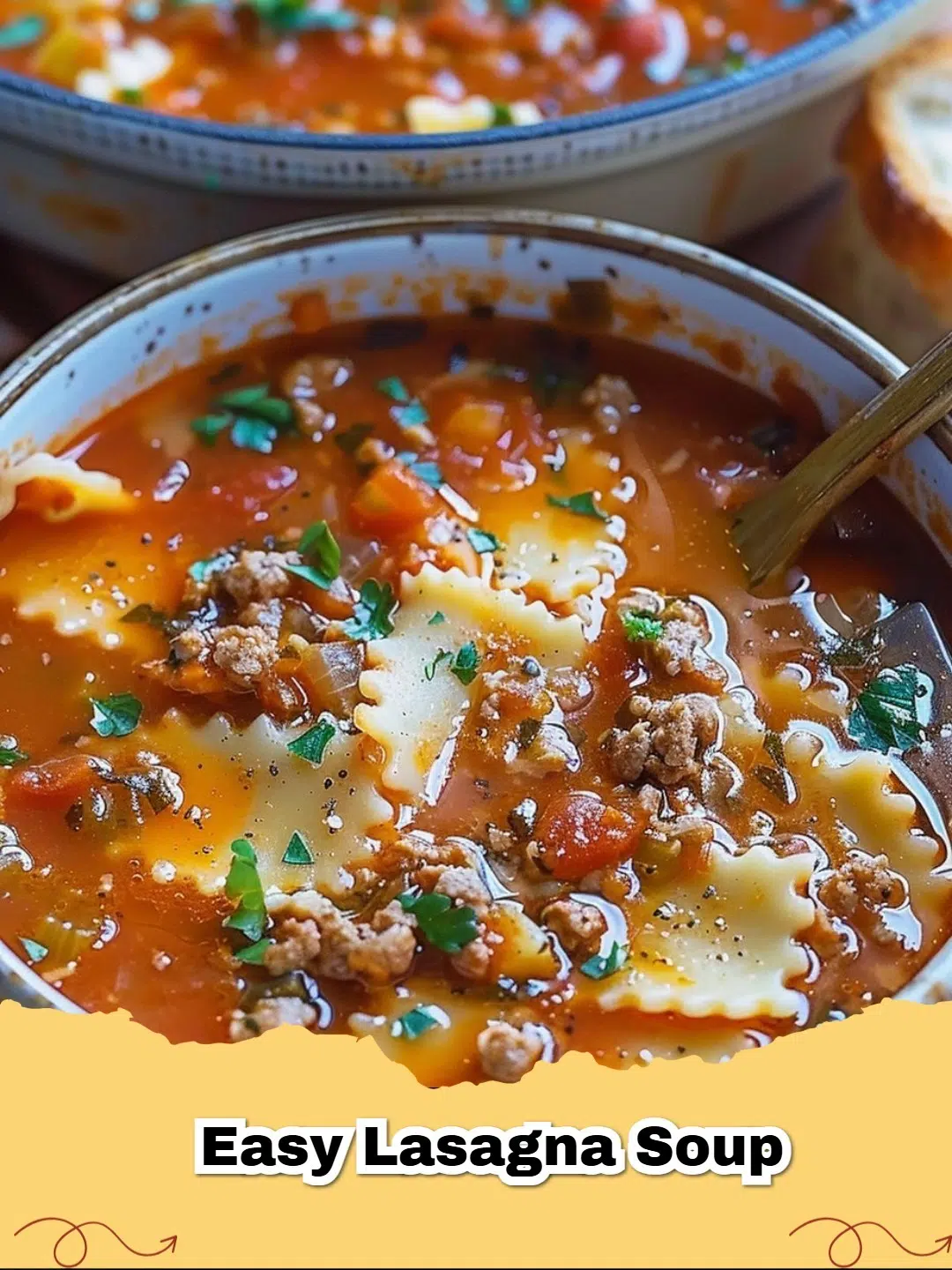 Delicious and comforting bowl of easy lasagna soup with creamy ricotta, melted mozzarella, and fresh basil.