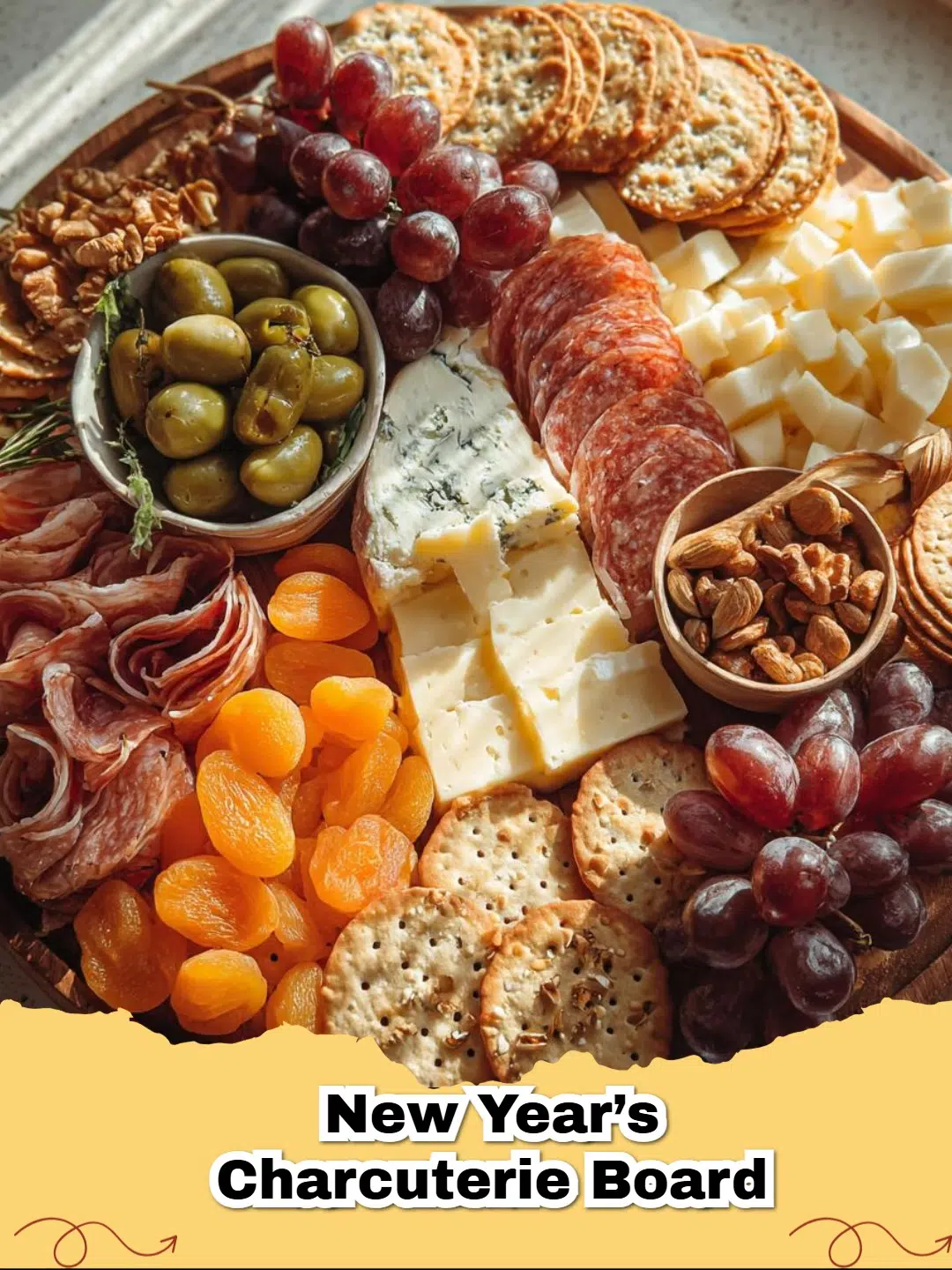 An elegant and colorful easy New Year's charcuterie board featuring an assortment of cheeses, cured meats, fresh and dried fruits, nuts, and crackers.
