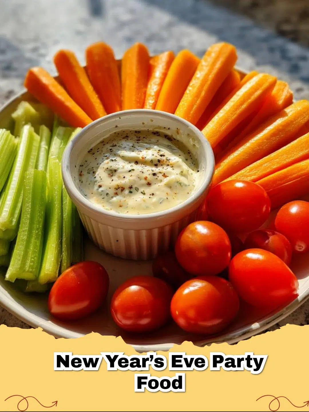A vibrant New Year's Eve veggie platter with an easy homemade ranch dip, perfect for healthy party snacking.