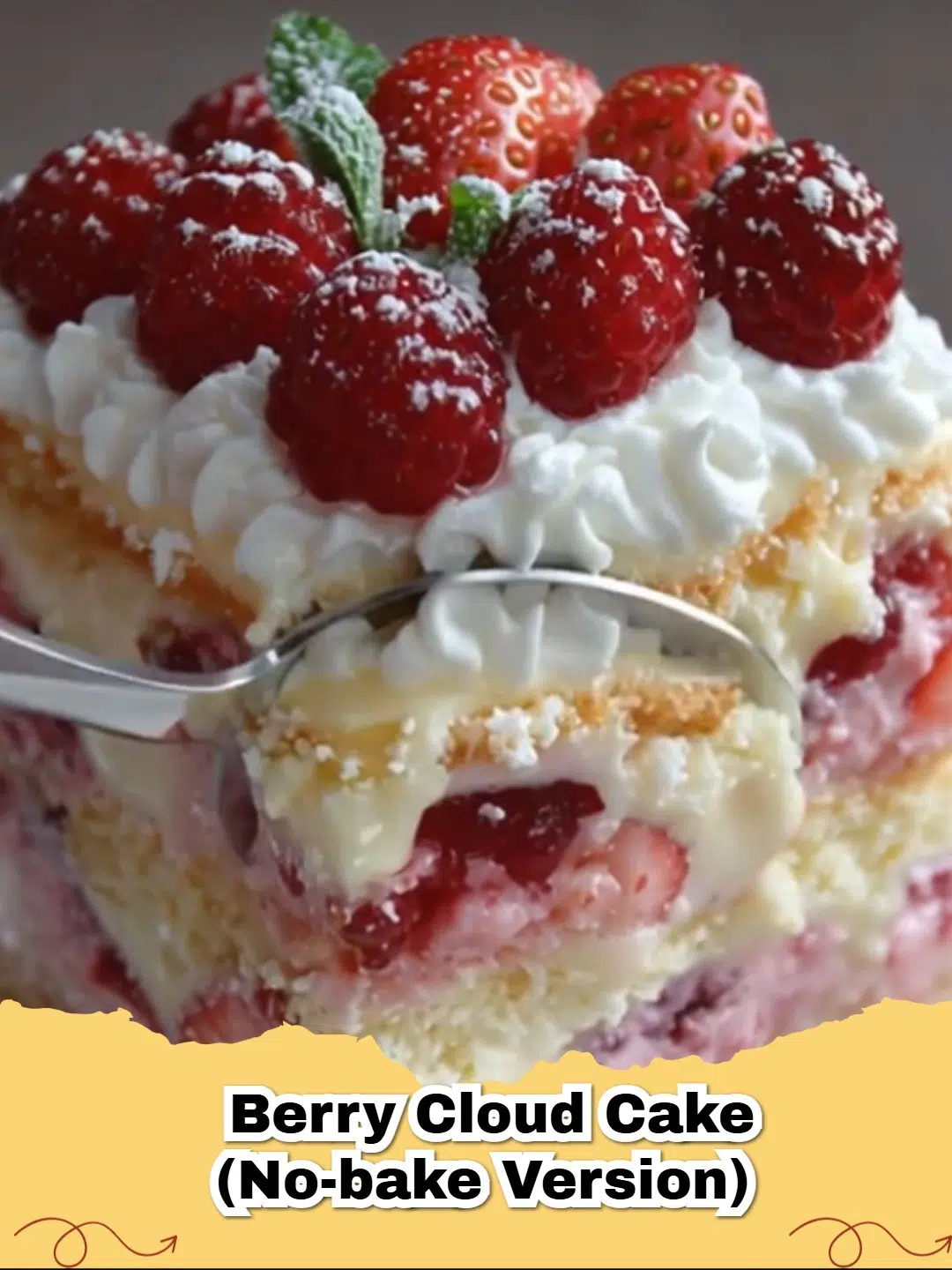 Delicious layers of easy no-bake berry mascarpone cake topped with fresh berries, mint, and icing sugar