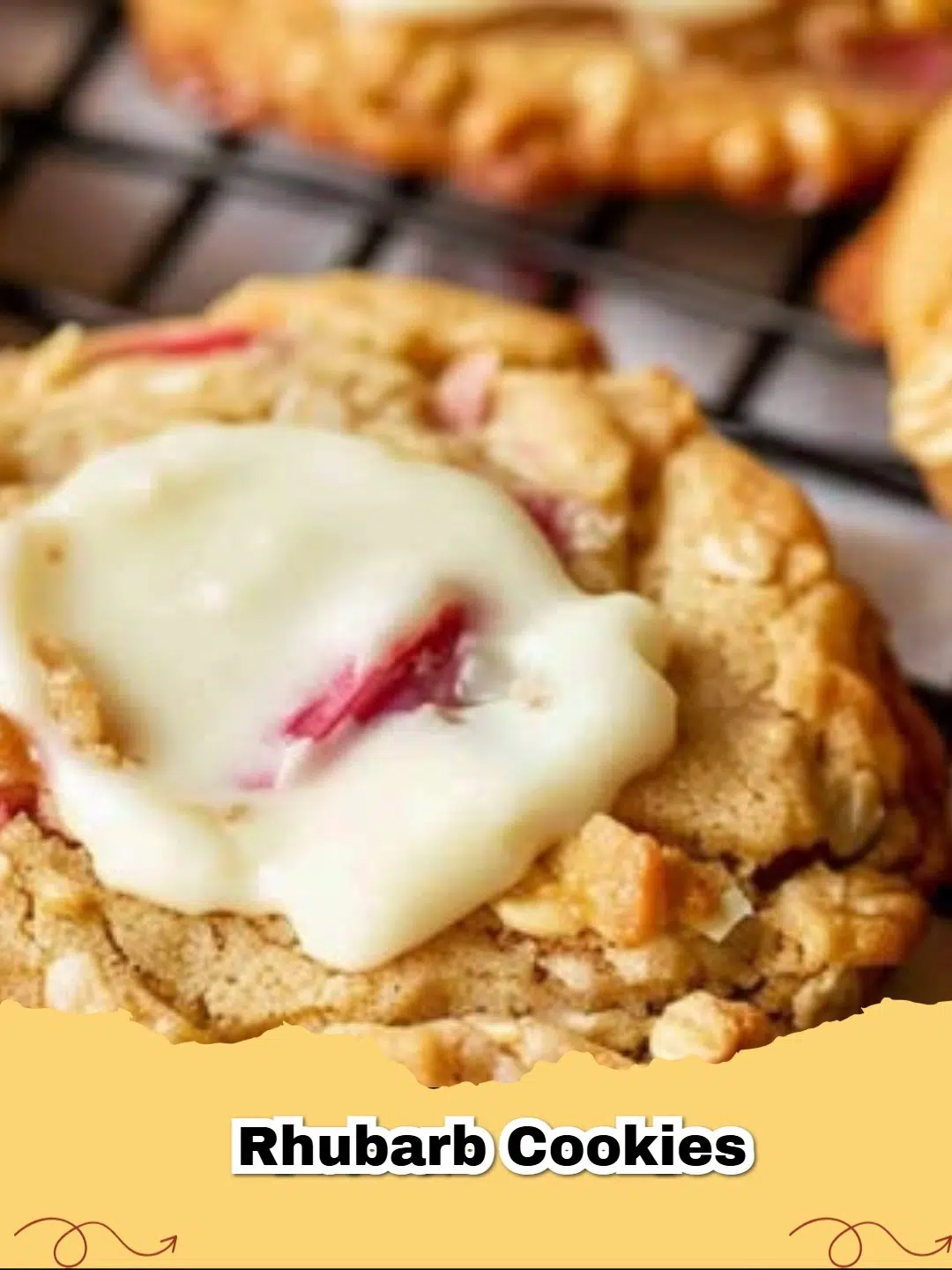 Delicious Easy Rhubarb Cookies with Cream Cheese Frosting on a cooling rack