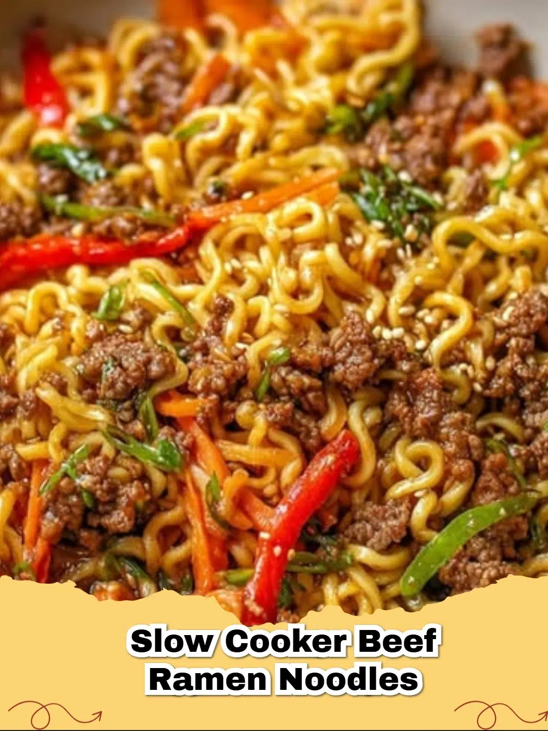 A steaming bowl of easy slow cooker ground beef ramen topped with green onions and sesame seeds.