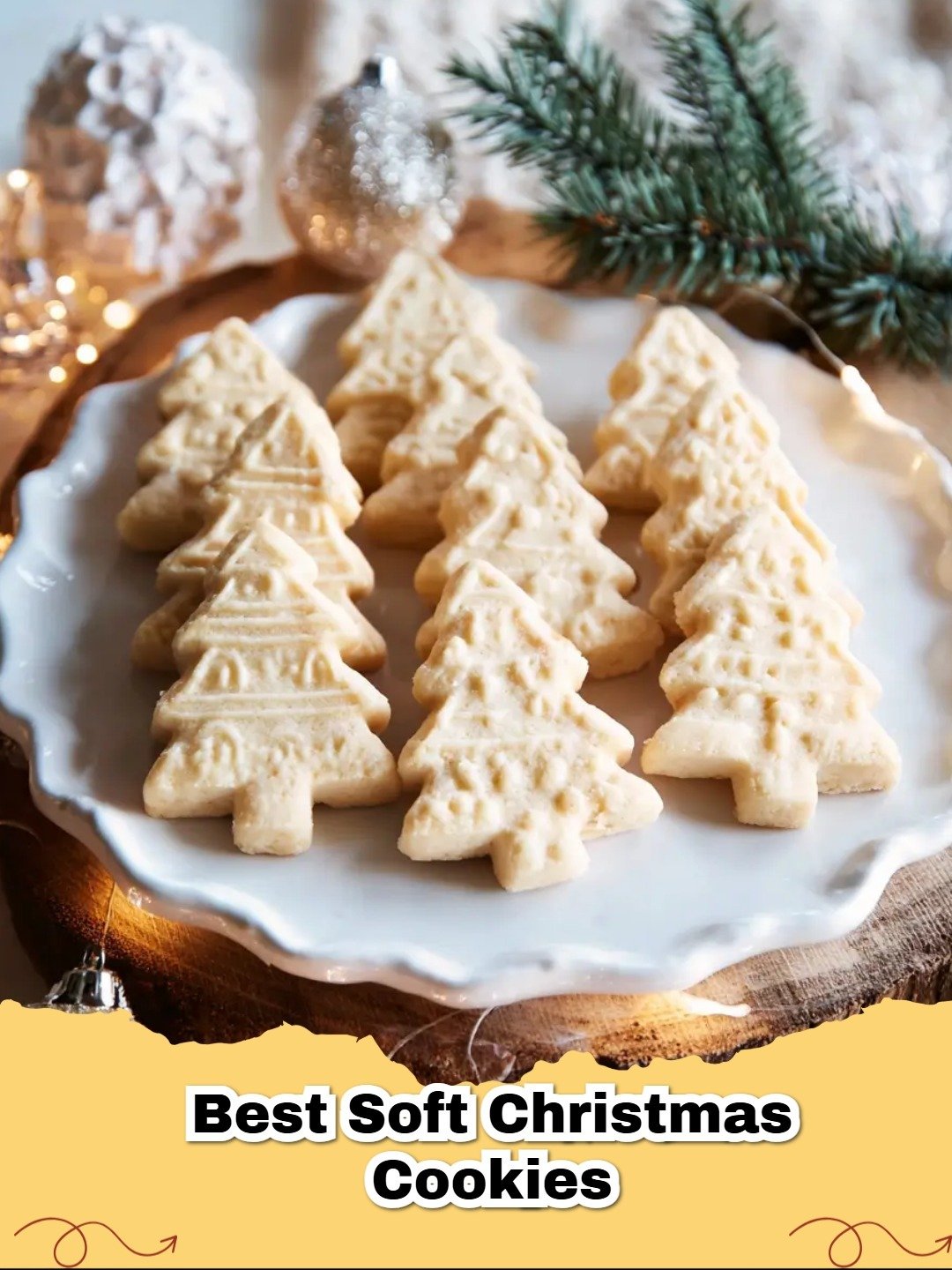 Soft Cream Cheese Christmas Cookies with frosting and sprinkles on a festive plate