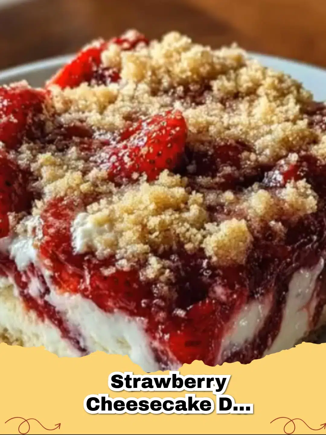 Delicious Easy Strawberry Cheesecake Dump Cake in a baking dish, garnished with fresh strawberries.
