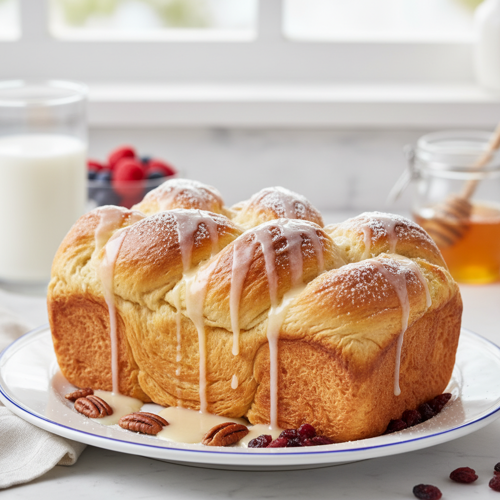 A golden brown loaf of Easy Sweet Condensed Milk Bread on a wire rack, with a few slices cut, showing its incredibly soft and fluffy interior.