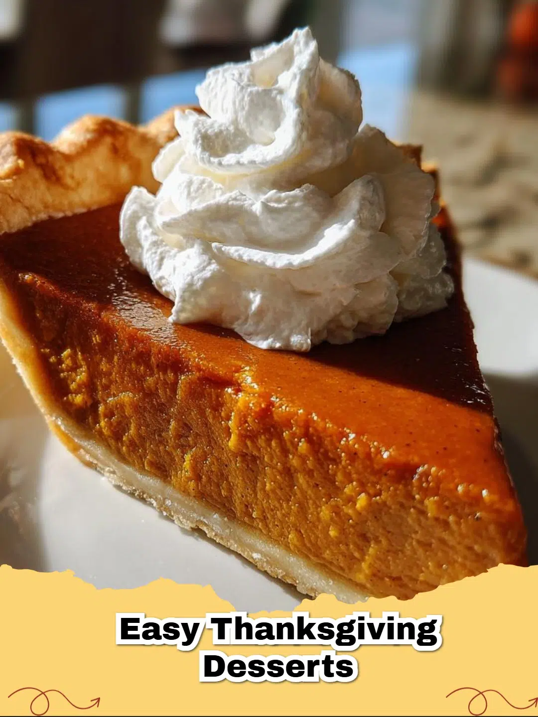 Delicious slice of easy Thanksgiving pumpkin pie with whipped cream on top, ready for the holidays.