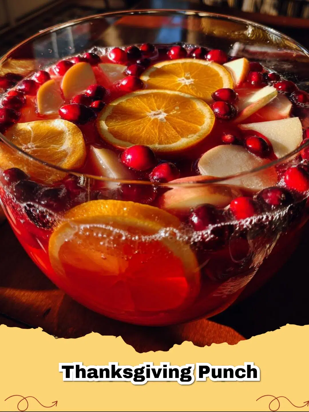 Vibrant red easy Thanksgiving punch in a clear punch bowl with citrus slices and cranberries floating, perfect for holiday gatherings.