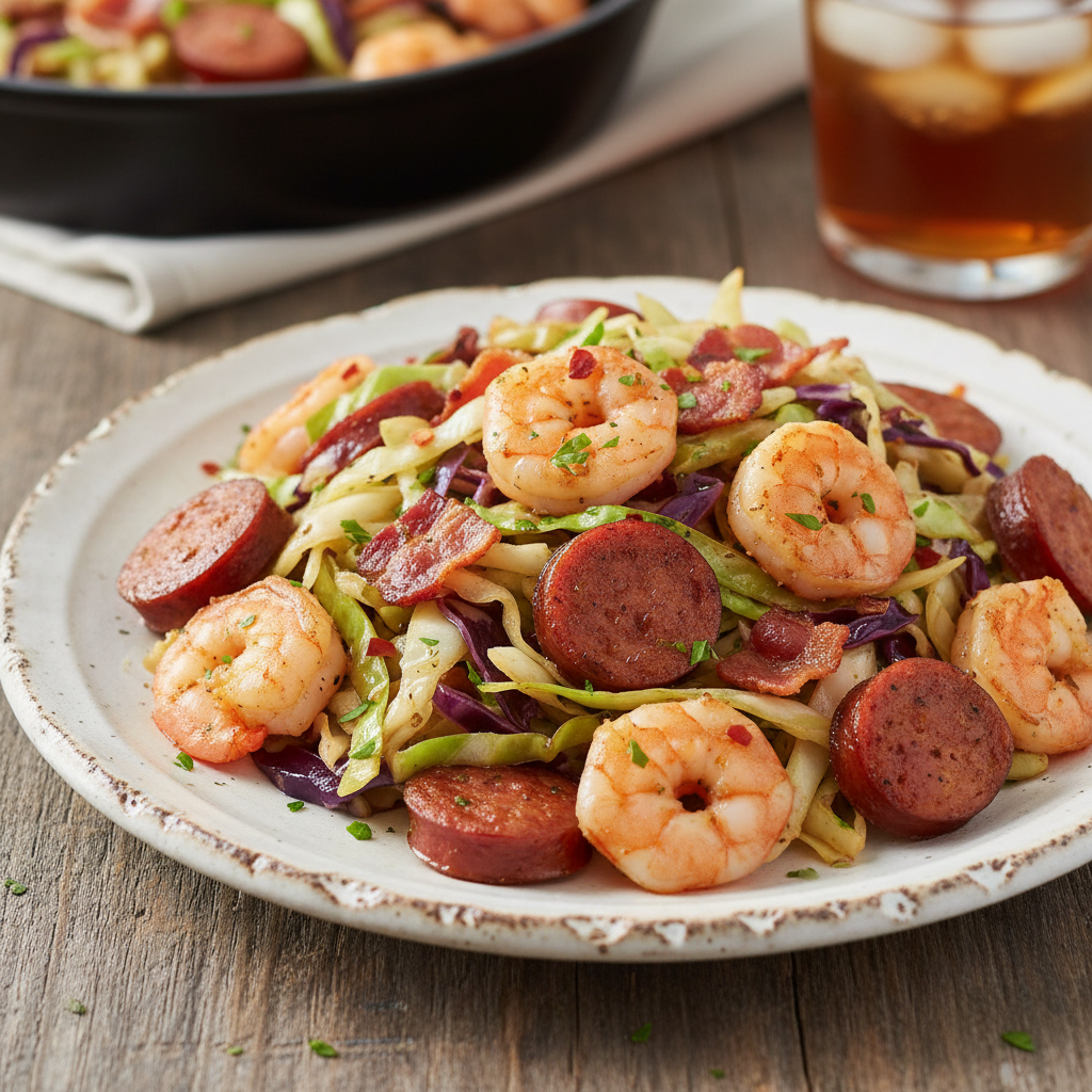 One-pan fried cabbage with shrimp, sausage, and bacon served in a skillet, garnished with fresh parsley.