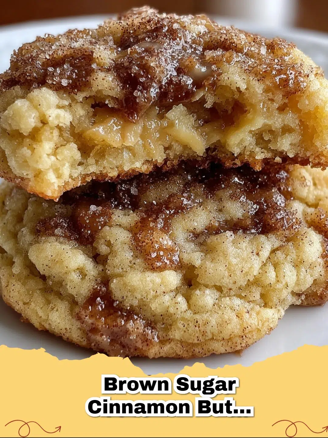 Close-up of a warm, gooey caramel stuffed brown sugar cinnamon cookie on a wire rack.