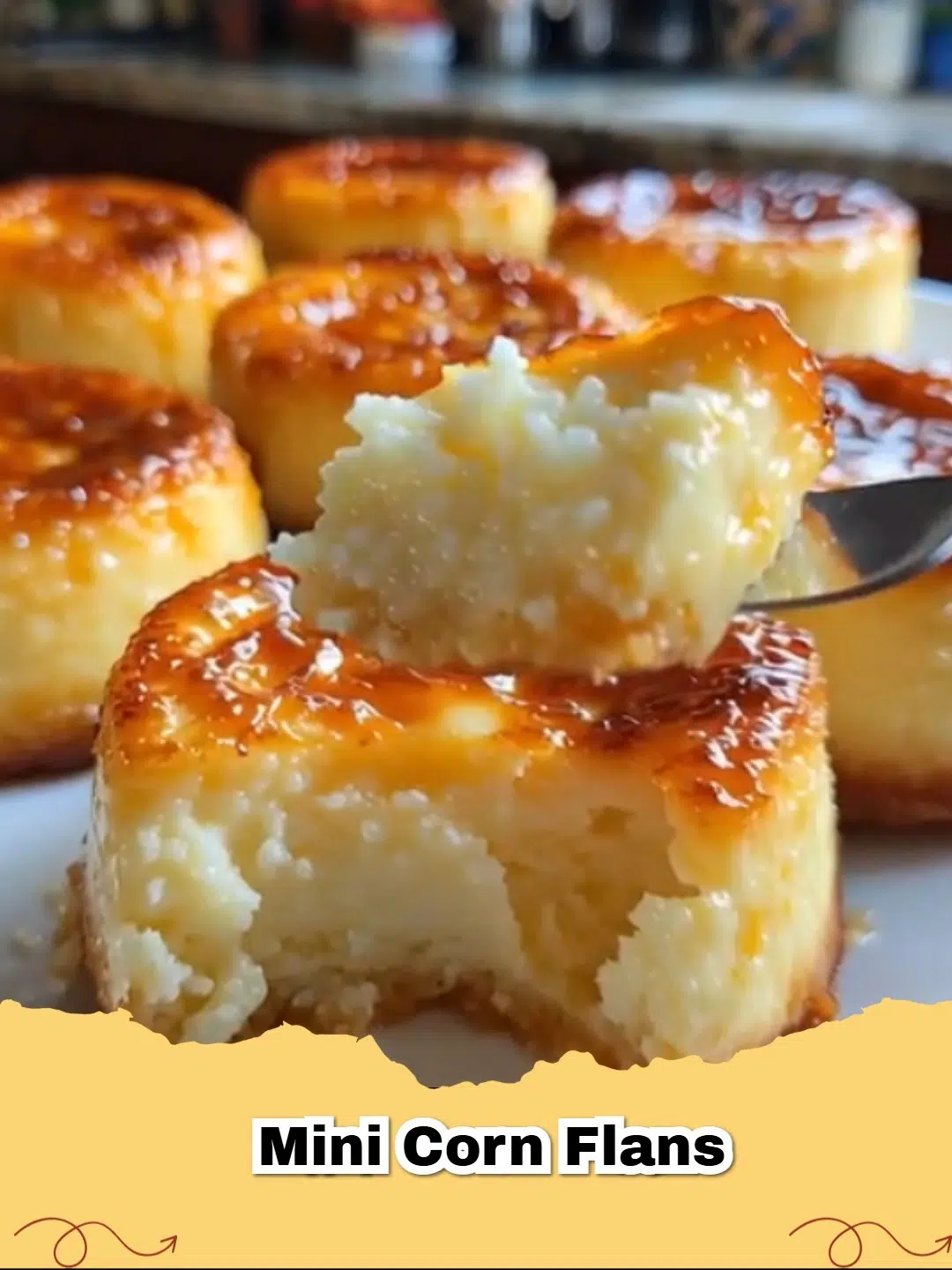 Close-up of three mini corn flans with caramel topping, evoking a homemade, nostalgic feel.