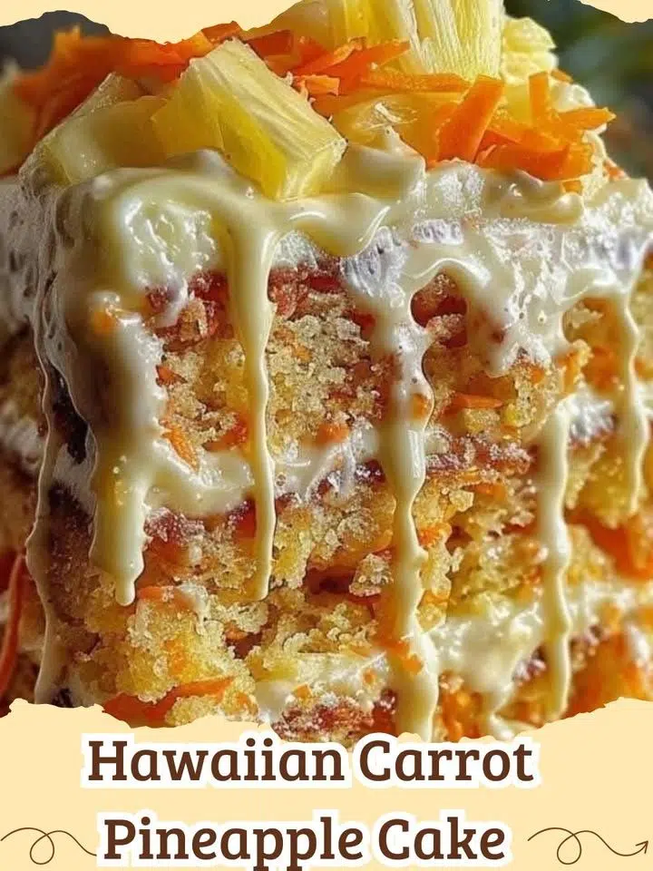 Delicious slice of Hawaiian Carrot Pineapple Cake with cream cheese frosting, garnished with pineapple chunks and toasted coconut.