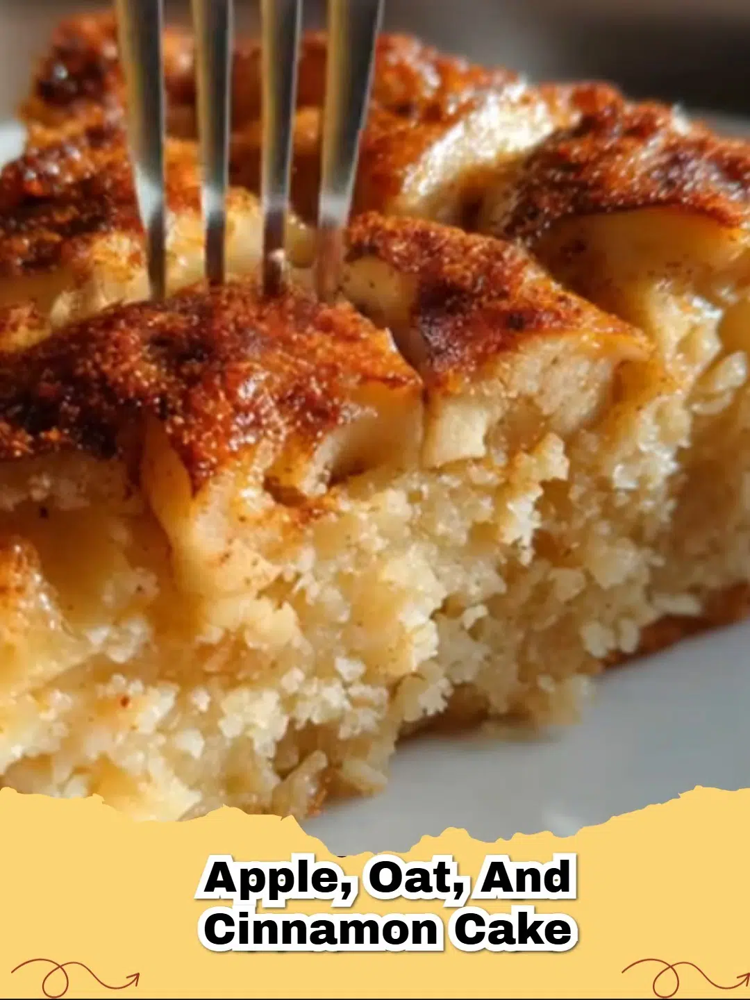 Close-up of a slice of healthy apple cinnamon oat loaf on a wooden board, showing the texture and apple pieces.