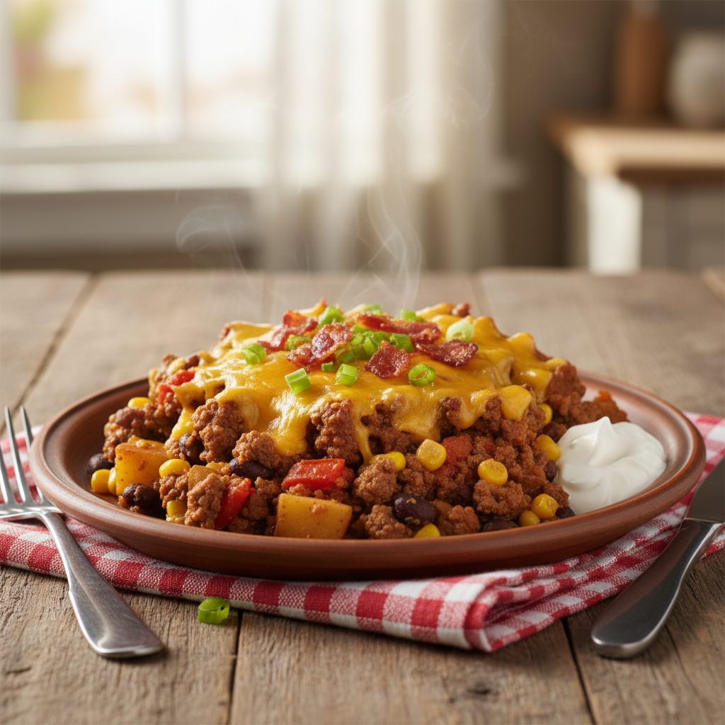Hearty Slow Cooker Cowboy Casserole in a stoneware dish, topped with golden melted cheddar cheese and creamy mashed potatoes.