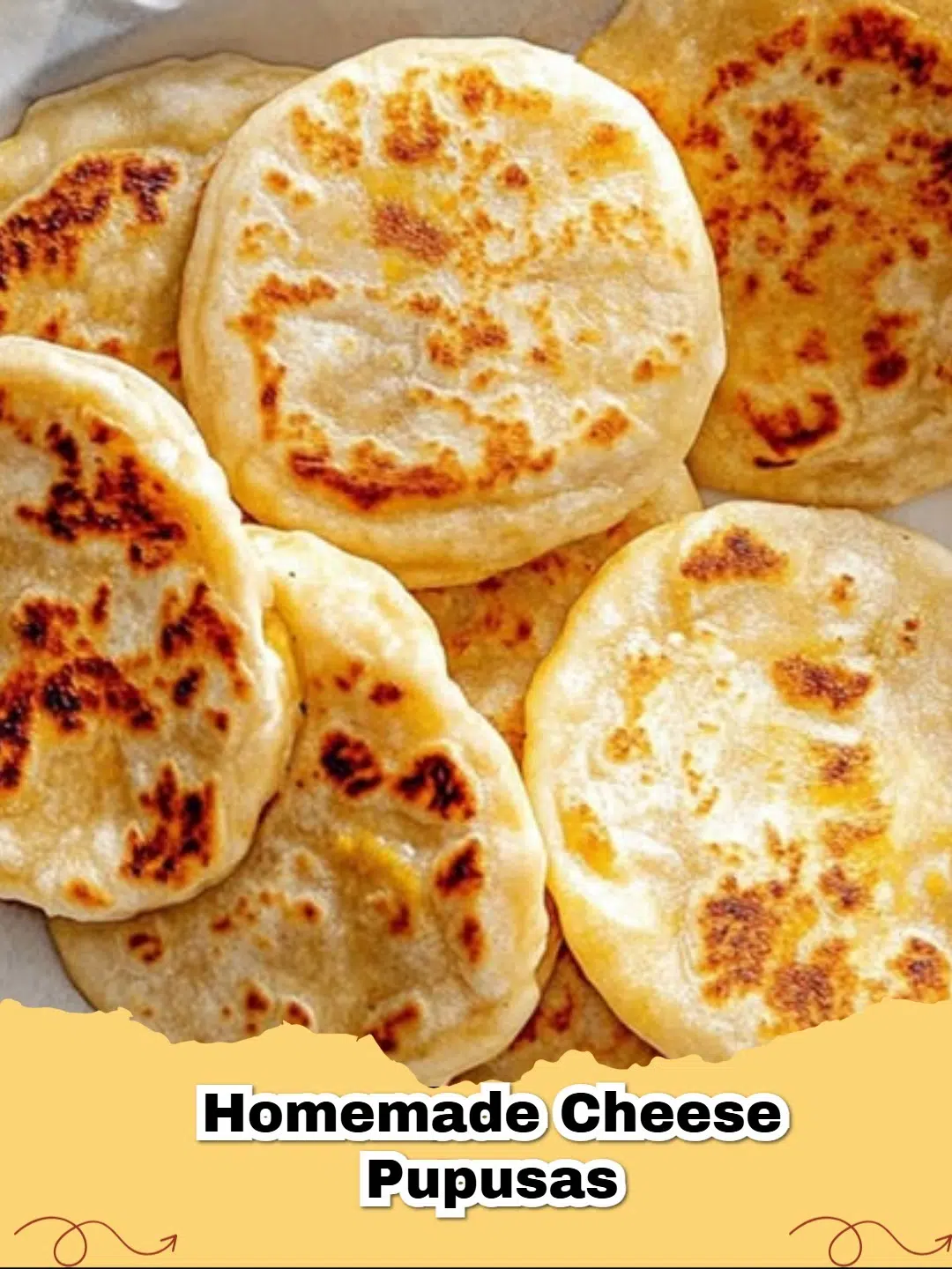 Close-up of golden brown homemade cheese pupusas stacked on a plate with curtido and salsa on the side.