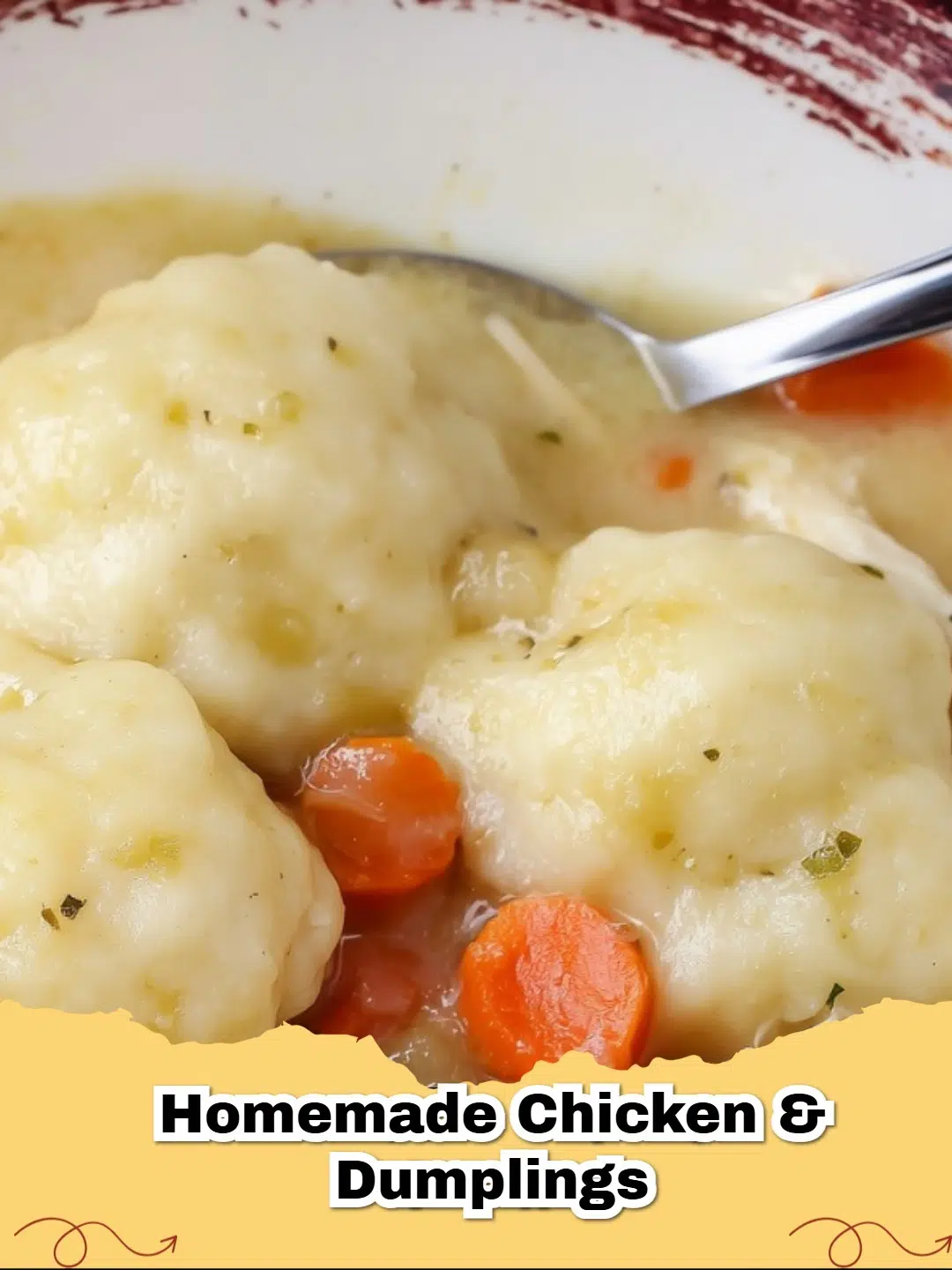 A steaming bowl of homemade chicken and dumplings, garnished with fresh parsley.