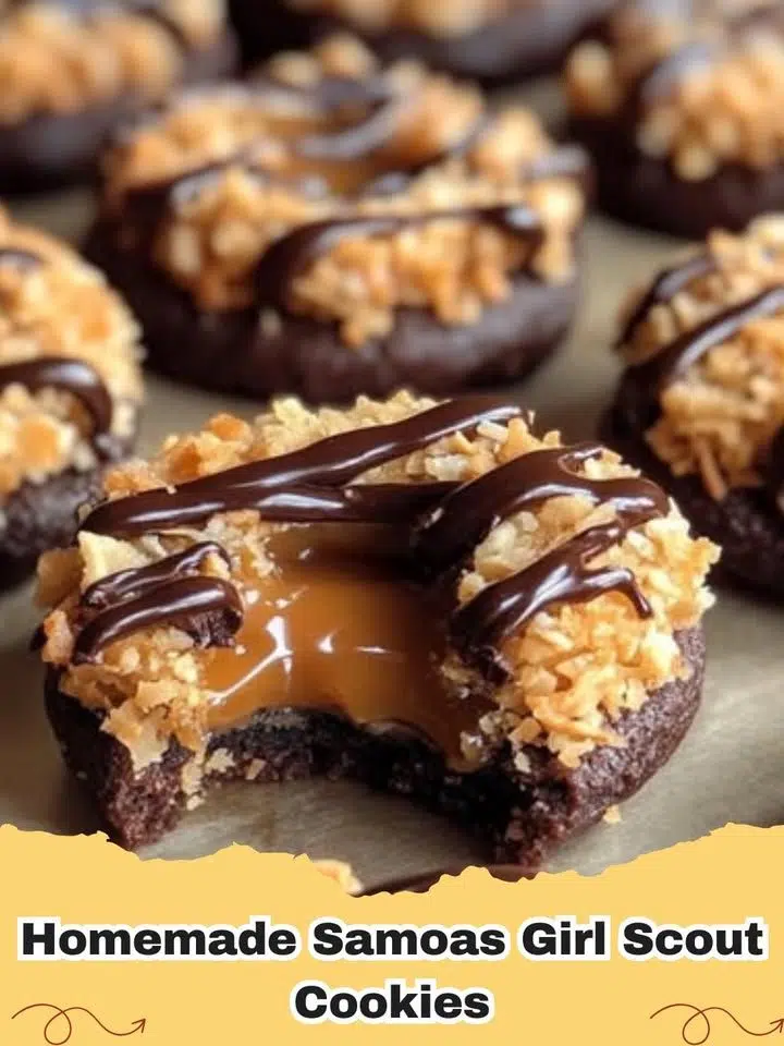 Stack of homemade Samoas Girl Scout cookies with toasted coconut, caramel, and chocolate drizzle.