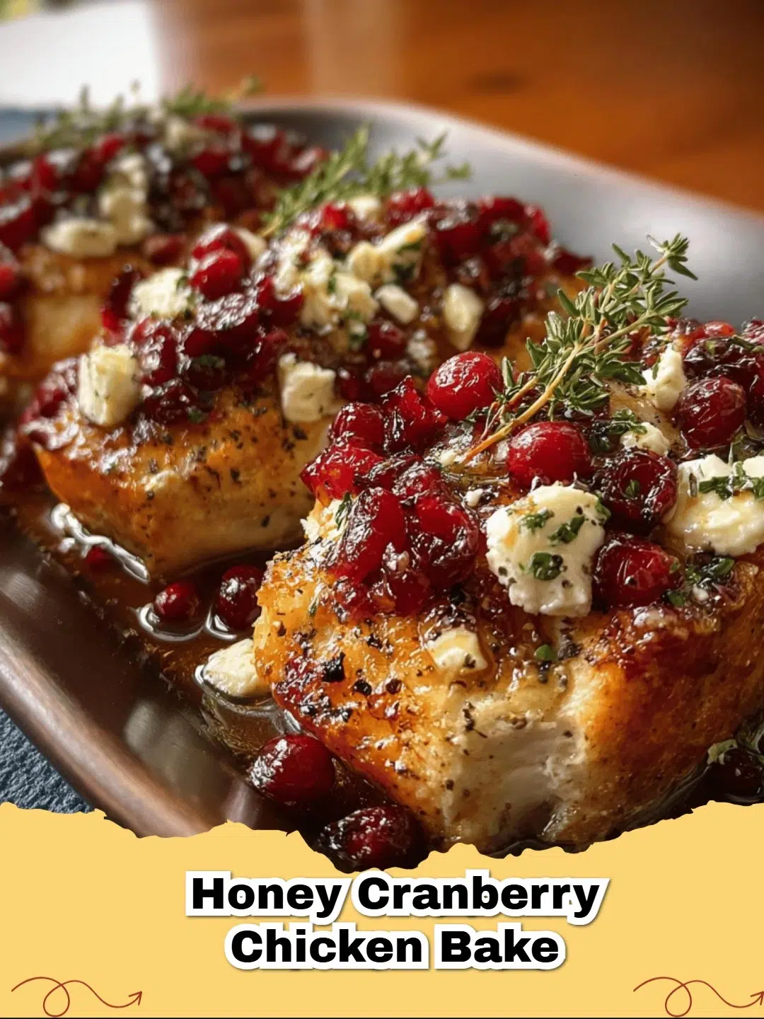 Golden Honey Cranberry Brie Sourdough Bake with melted cheese and fresh thyme on a wooden board.
