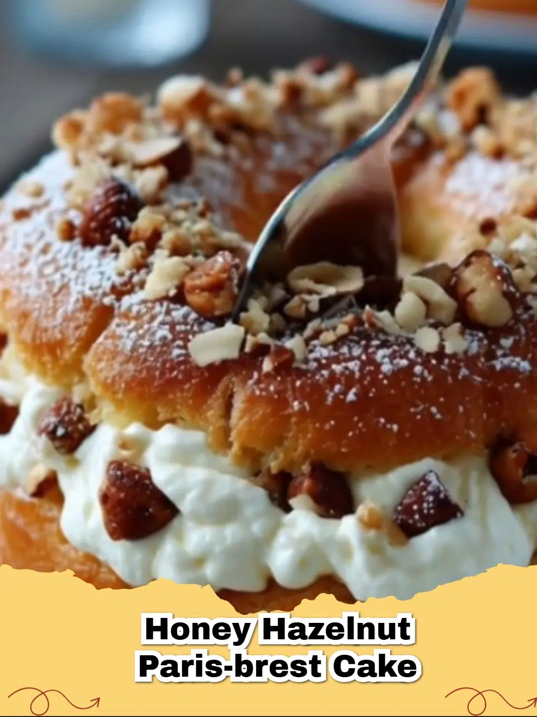 Decadent Honey Hazelnut Paris-Brest Cake on a white serving plate