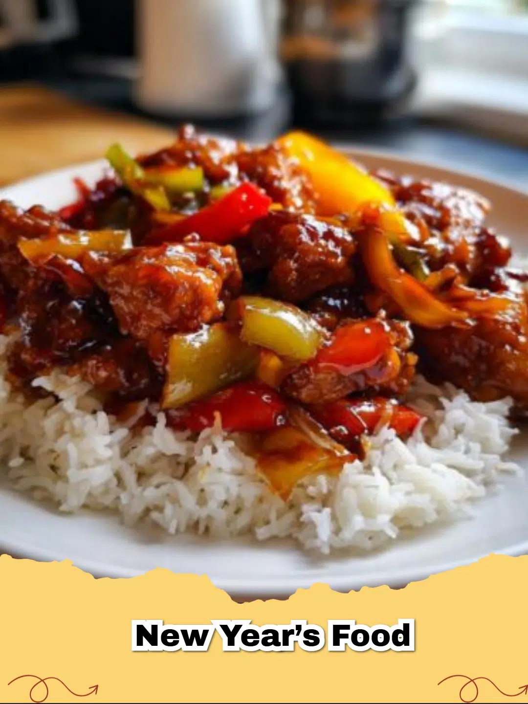 A close-up shot of Honey Soy Chicken with Bell Peppers served over fluffy white rice, garnished with green onions and sesame seeds.