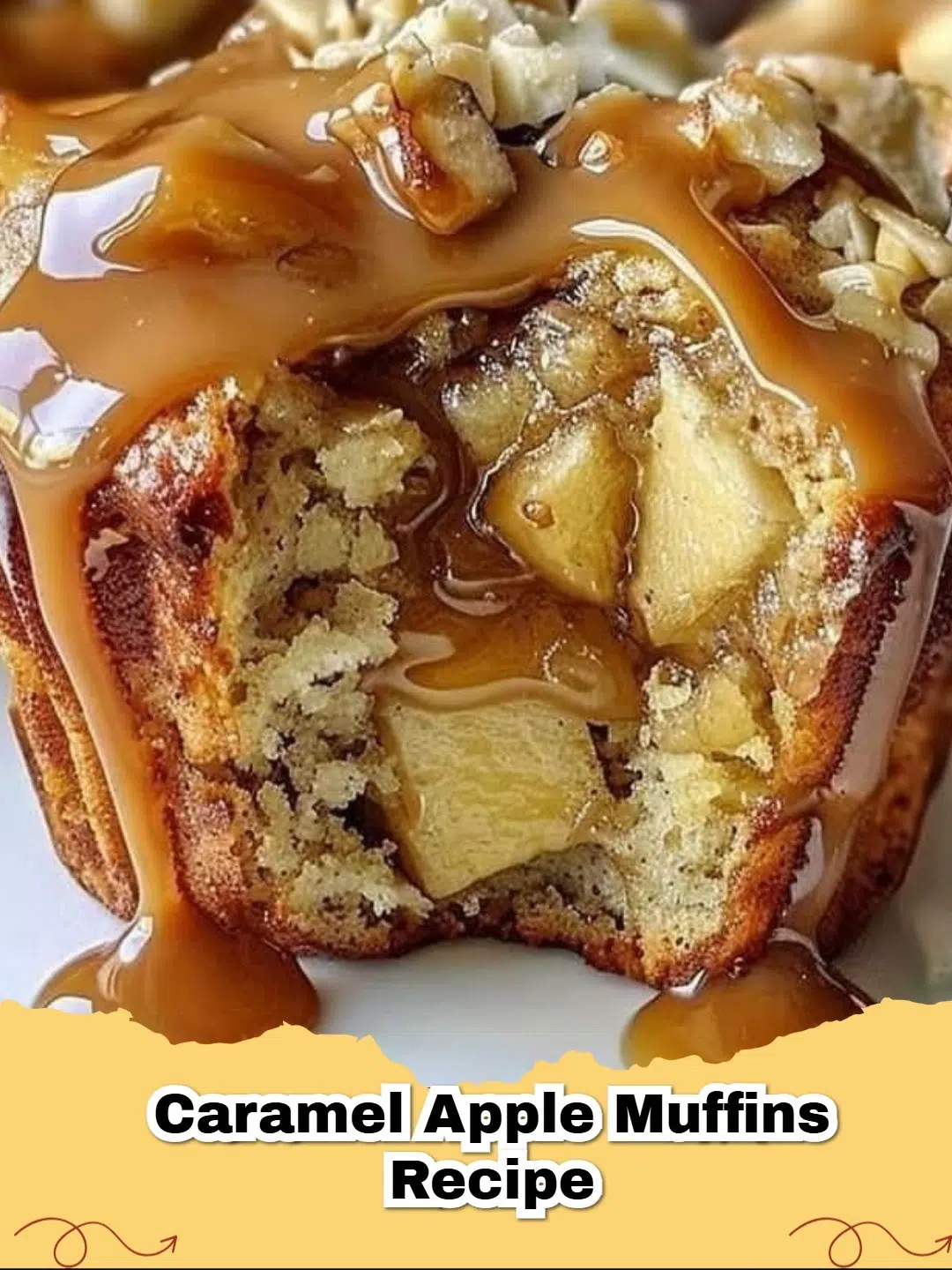 Close-up of golden brown caramel apple muffins with visible apple chunks and caramel swirls.
