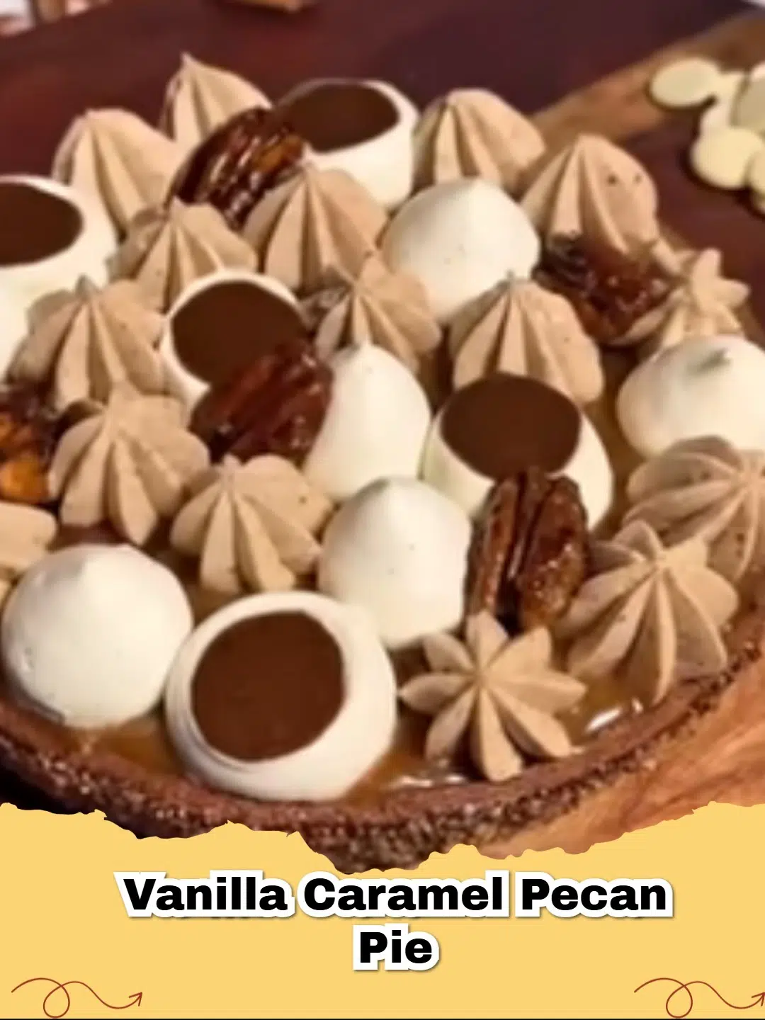 Slice of vanilla caramel pecan pie with a flaky crust, rich filling, and toasted pecan topping, served with vanilla ice cream.