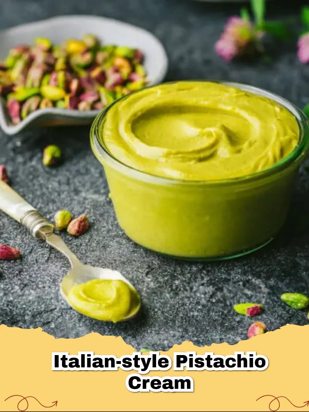 Smooth, vibrant green Italian Pistachio Cream in a jar with fresh pistachios scattered around