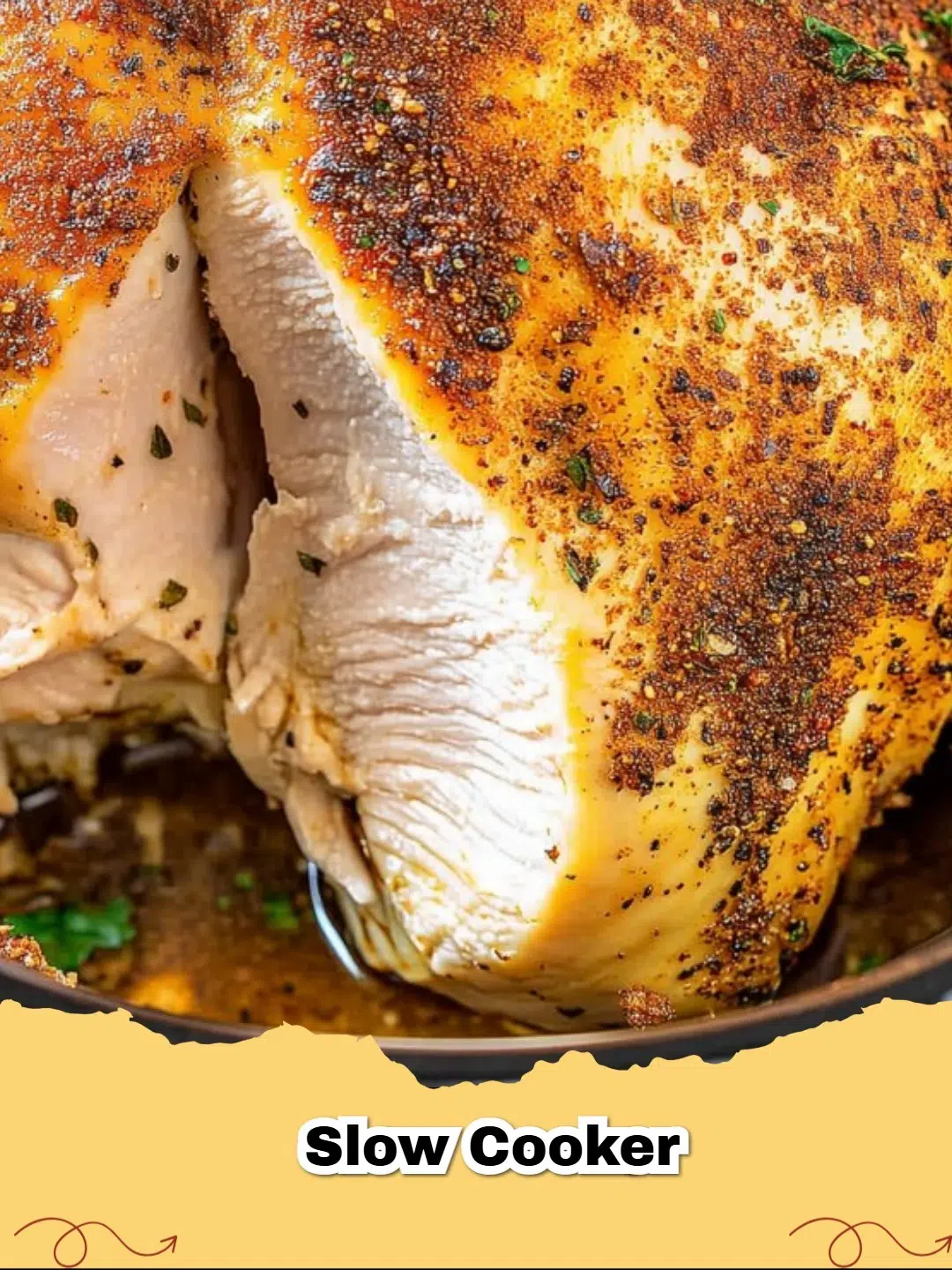 Perfectly cooked juicy slow cooker turkey breast with crispy skin