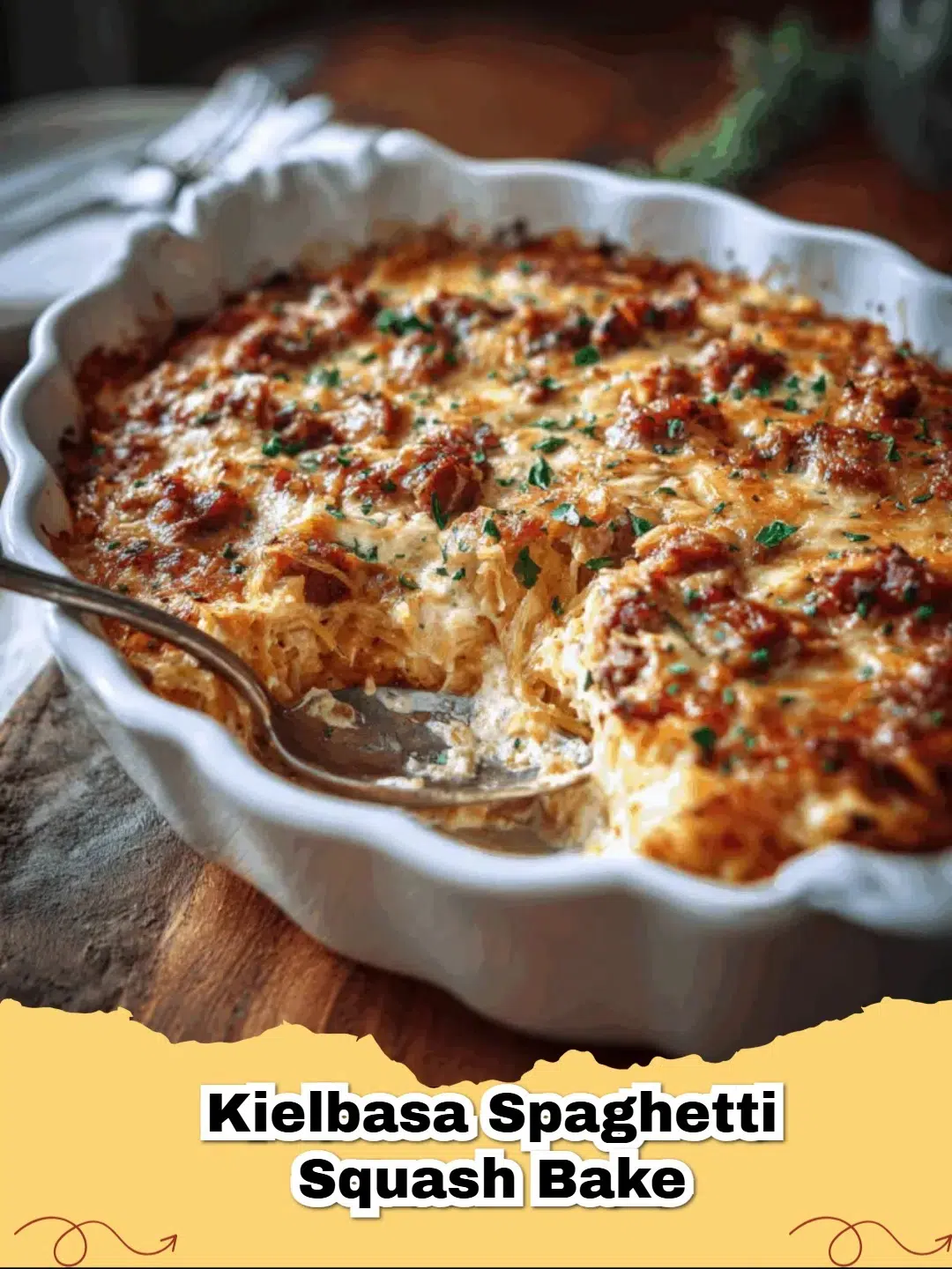 Delicious Kielbasa Spaghetti Squash Bake ready to serve in a baking dish, topped with melted cheese and fresh parsley.