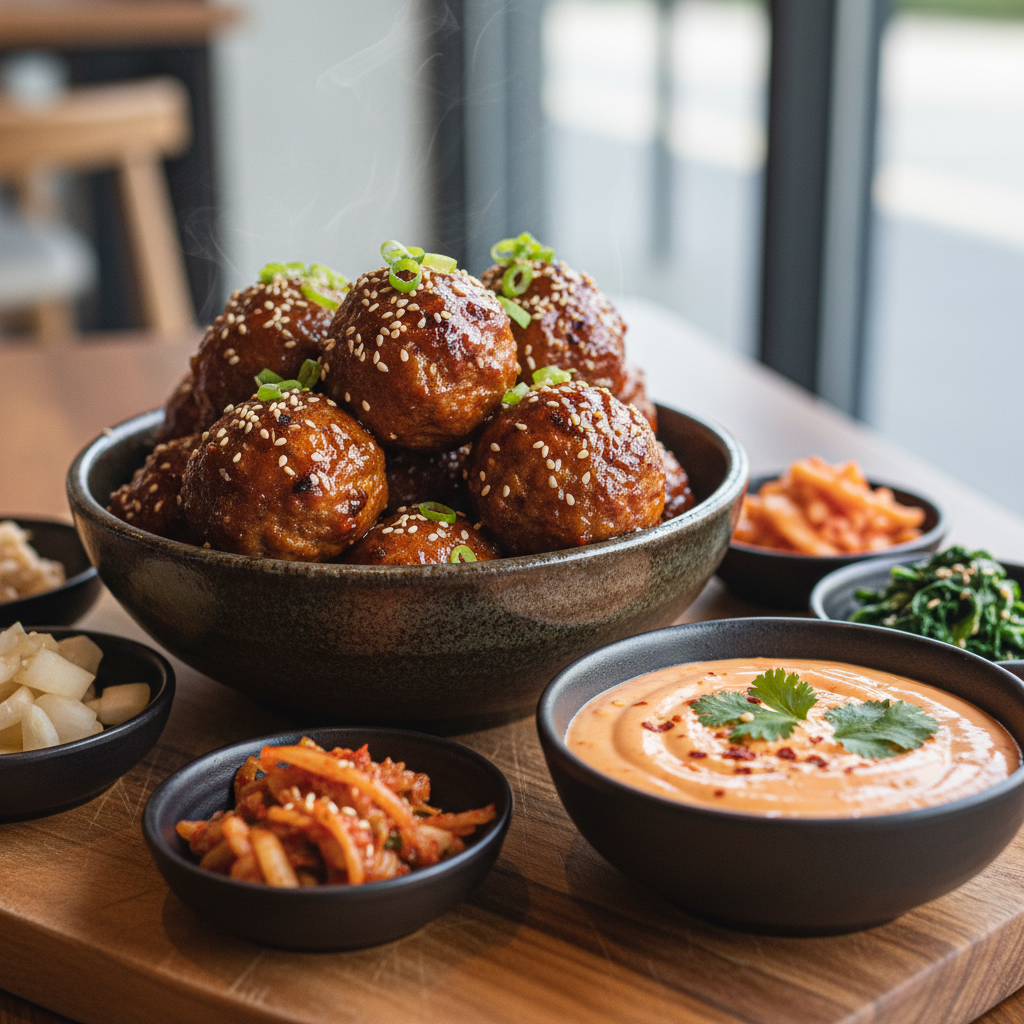 Delicious Korean BBQ Meatballs with a side of creamy Spicy Mayo Dip, garnished with sesame seeds and green onions.