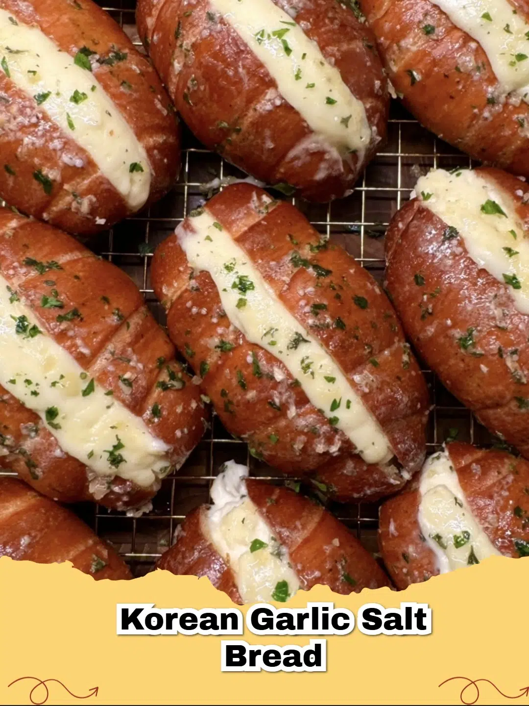 Delicious Korean Cream Cheese Garlic Bread with golden crust and creamy filling, garnished with fresh parsley.
