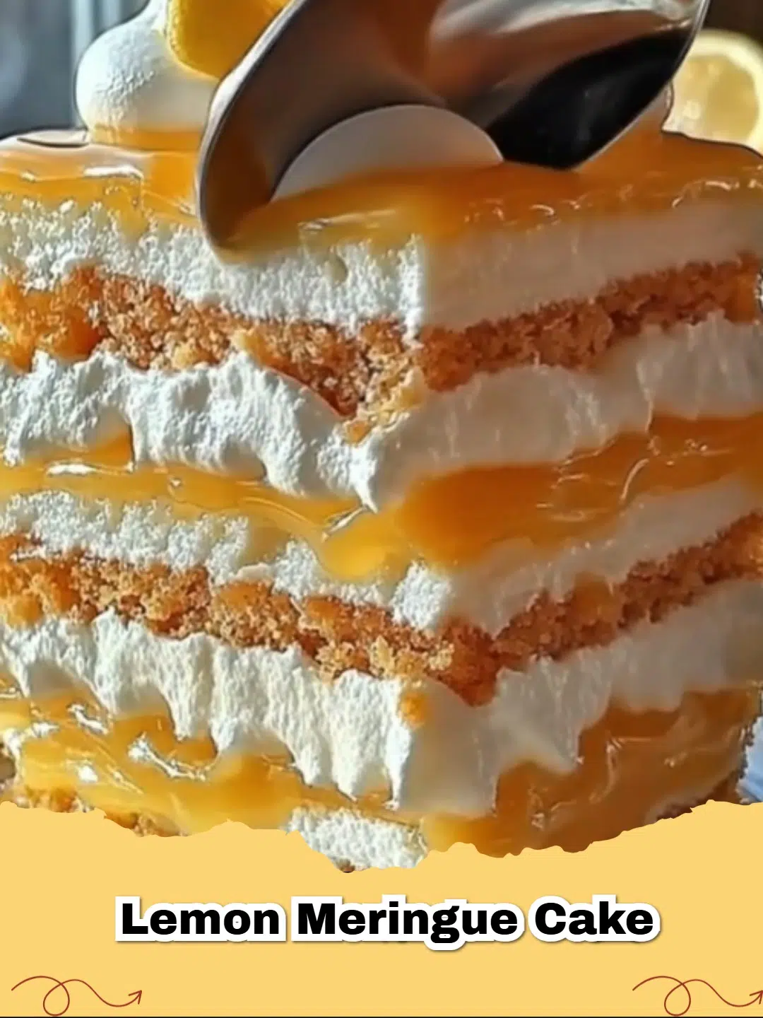 A beautifully frosted Lemon Cream Layer Cake, garnished with fresh lemon slices and zest, sitting on a white cake stand.