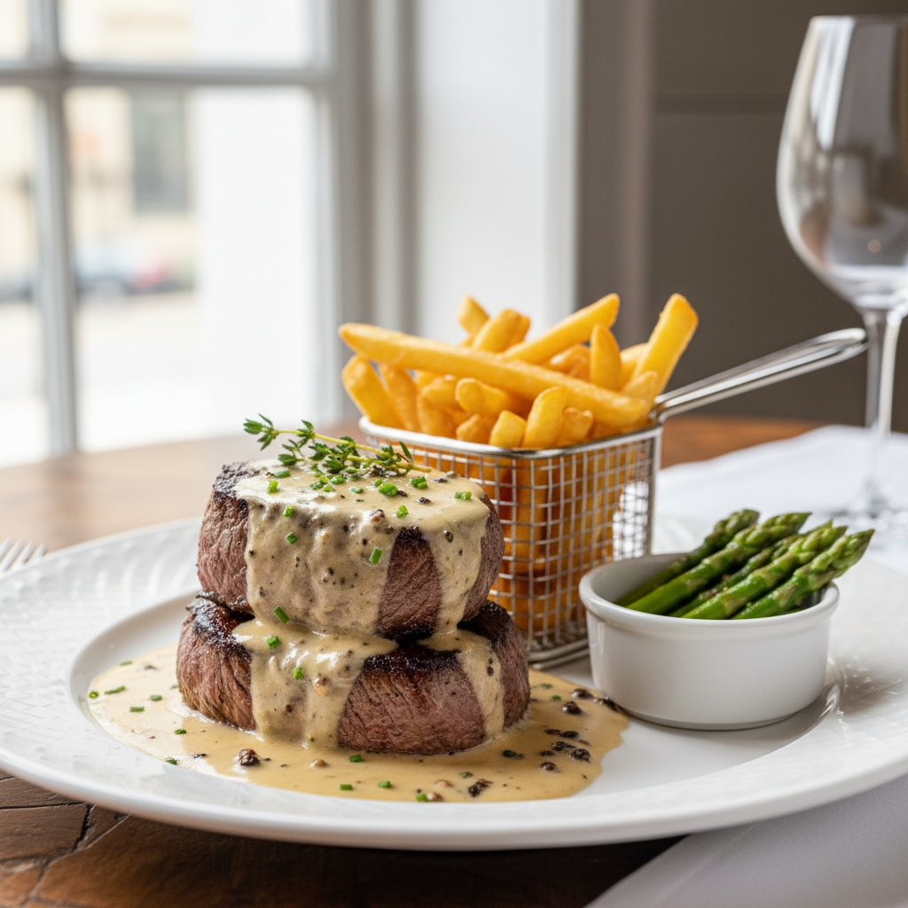 Luxurious pan-seared filet mignon steaks with creamy peppercorn sauce and a side of roasted asparagus.