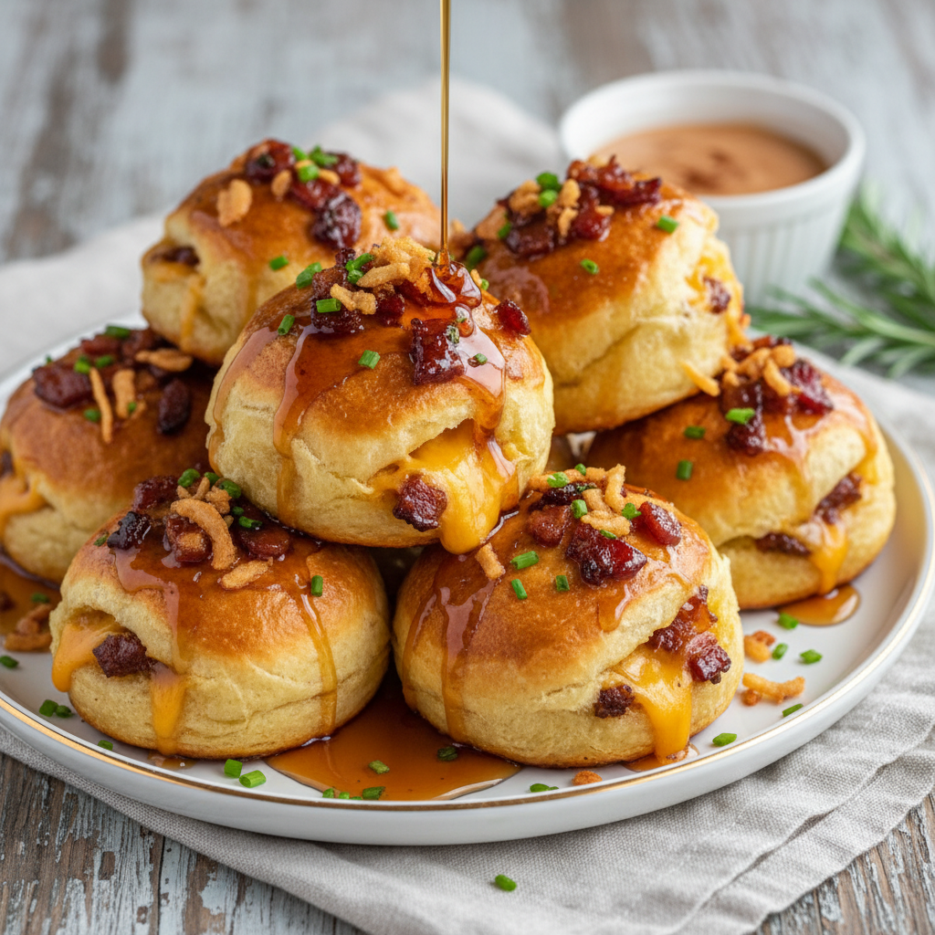 Golden brown Maple Bacon Cheeseburger Bombs on a baking sheet, fresh out of the oven, with a glistening maple glaze.