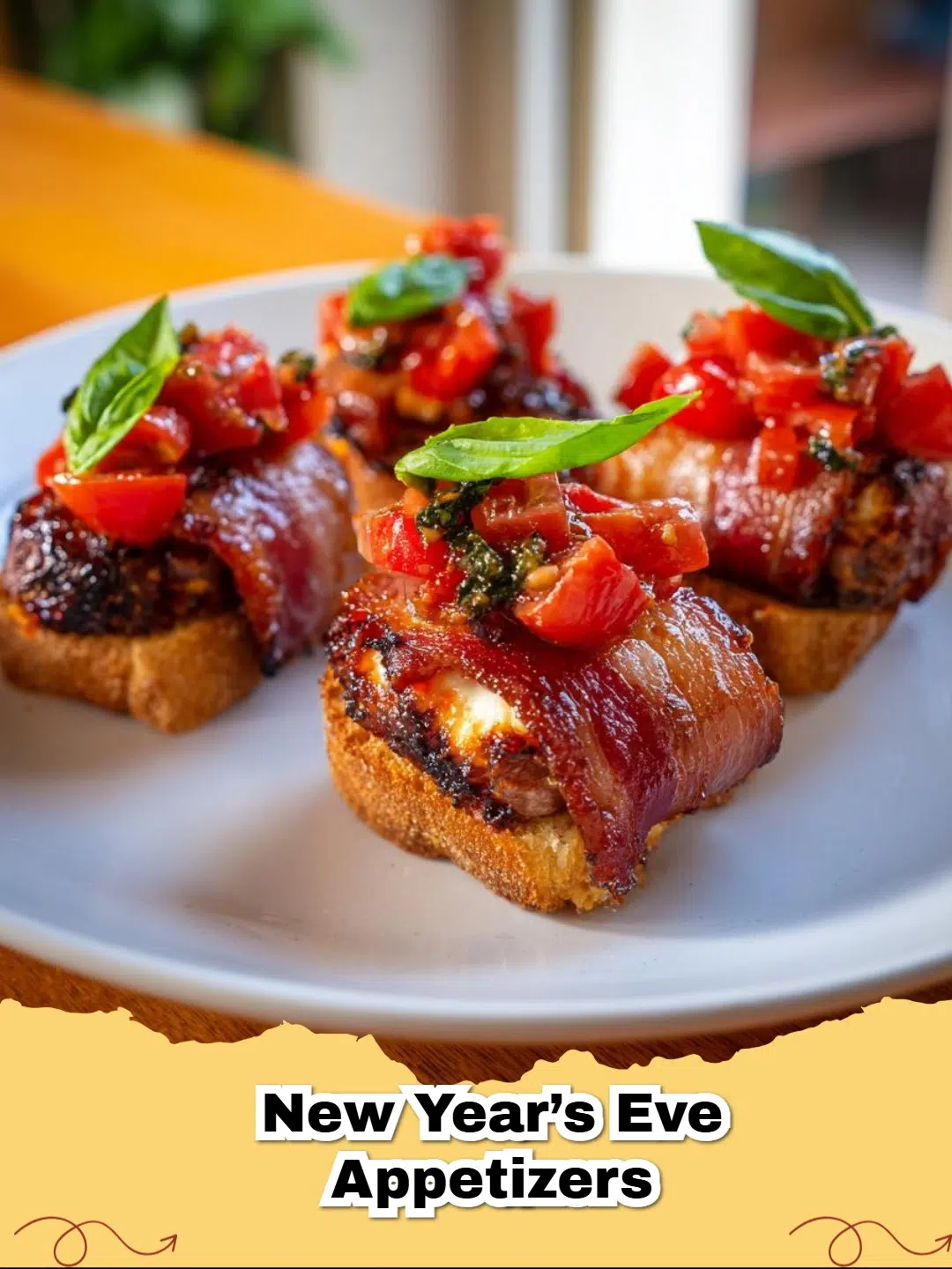 Platter of golden brown bacon-wrapped dates with goat cheese and fresh tomato basil bruschetta on a festive New Year's Eve table.