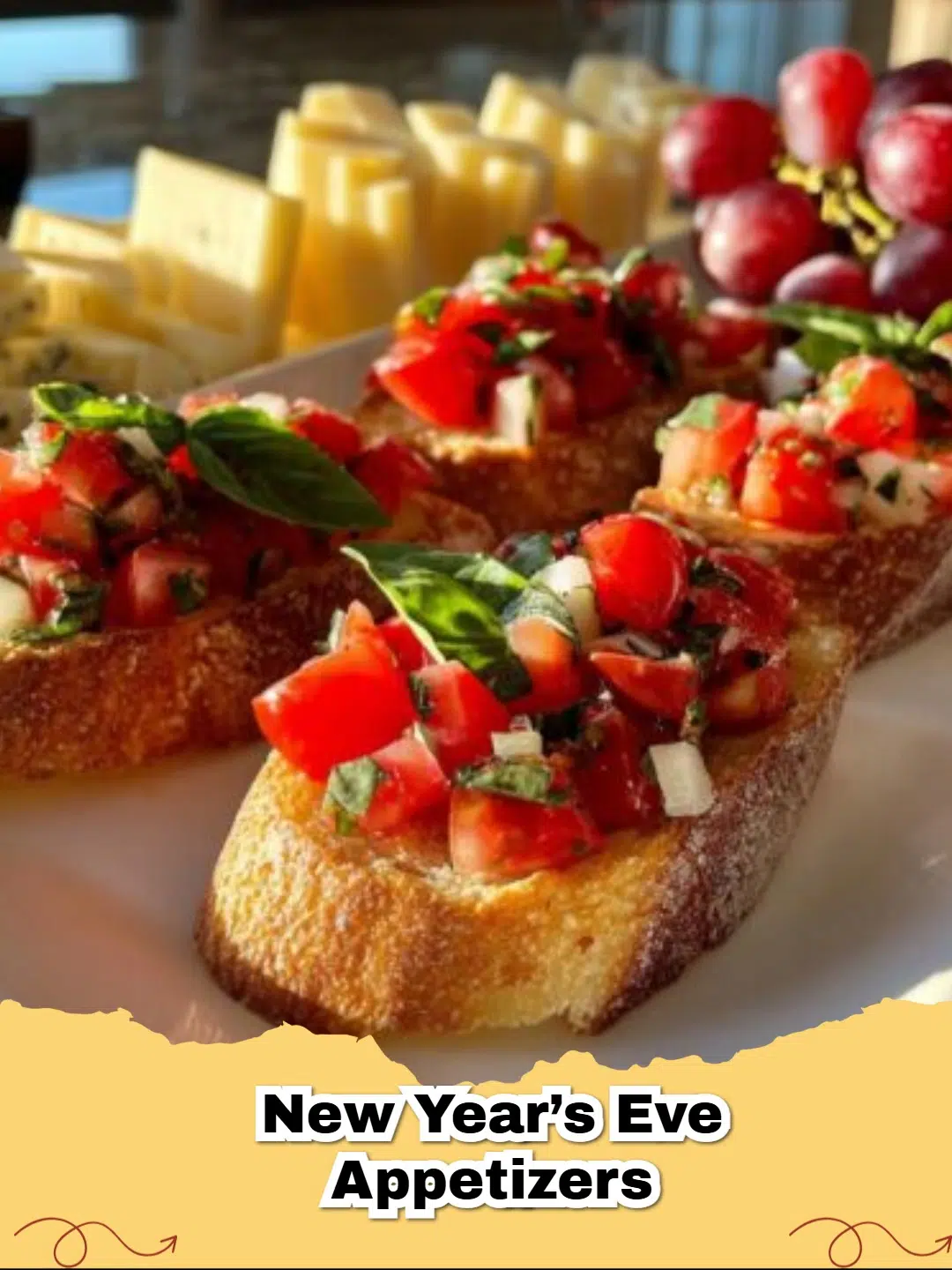A festive New Year's Eve Appetizer spread featuring fresh tomato basil bruschetta and an elegant cheese platter with grapes.