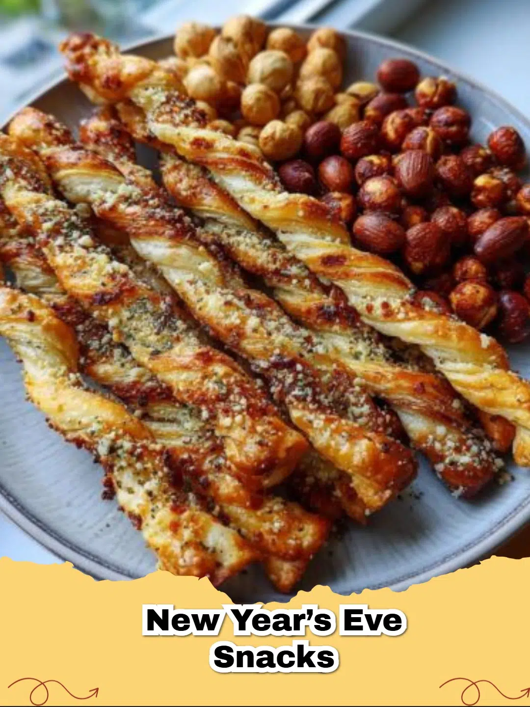 A platter of golden-brown Easy Parmesan Cheese Straws and a bowl of warmly Spiced Nuts, perfect New Year's Eve Appetizers.