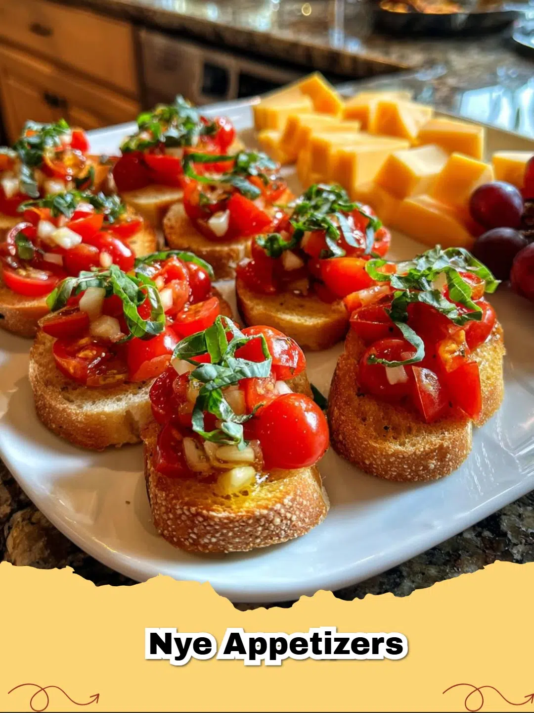Vibrant New Year's Eve Bruschetta with fresh tomatoes and basil, alongside an elegant cheese platter with brie, cheddar, grapes, and crackers.