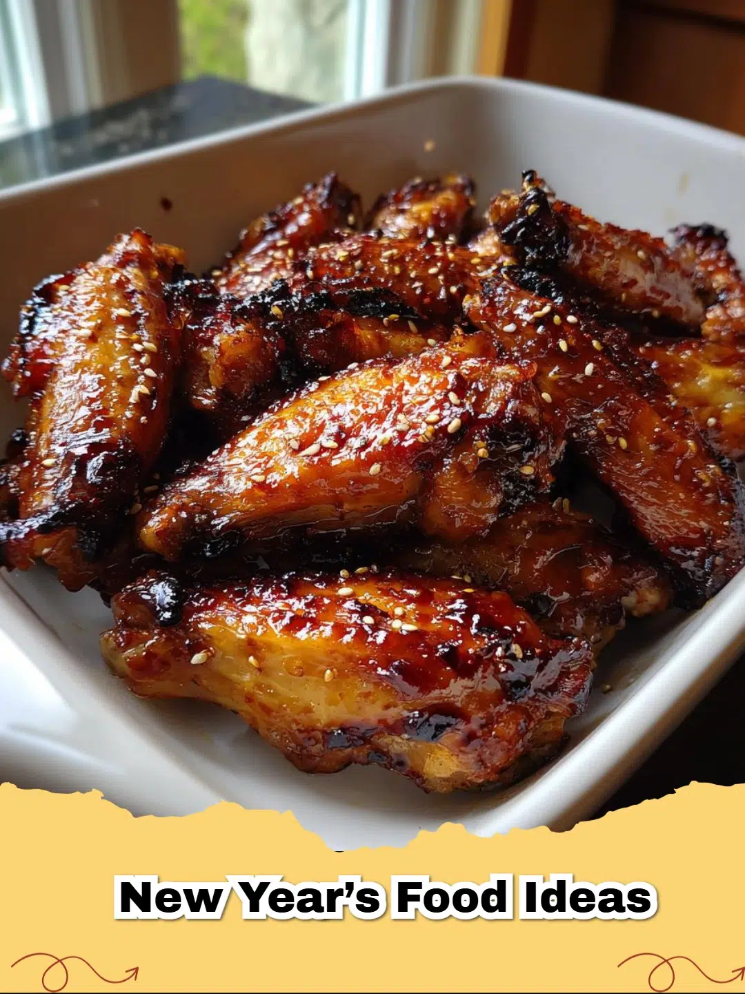 Crispy honey soy chicken wings arranged around a bowl of creamy dip, perfect for a New Year's party.