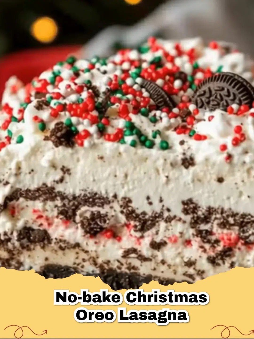 Delicious slice of No-Bake Christmas Oreo Lasagna with festive sprinkles
