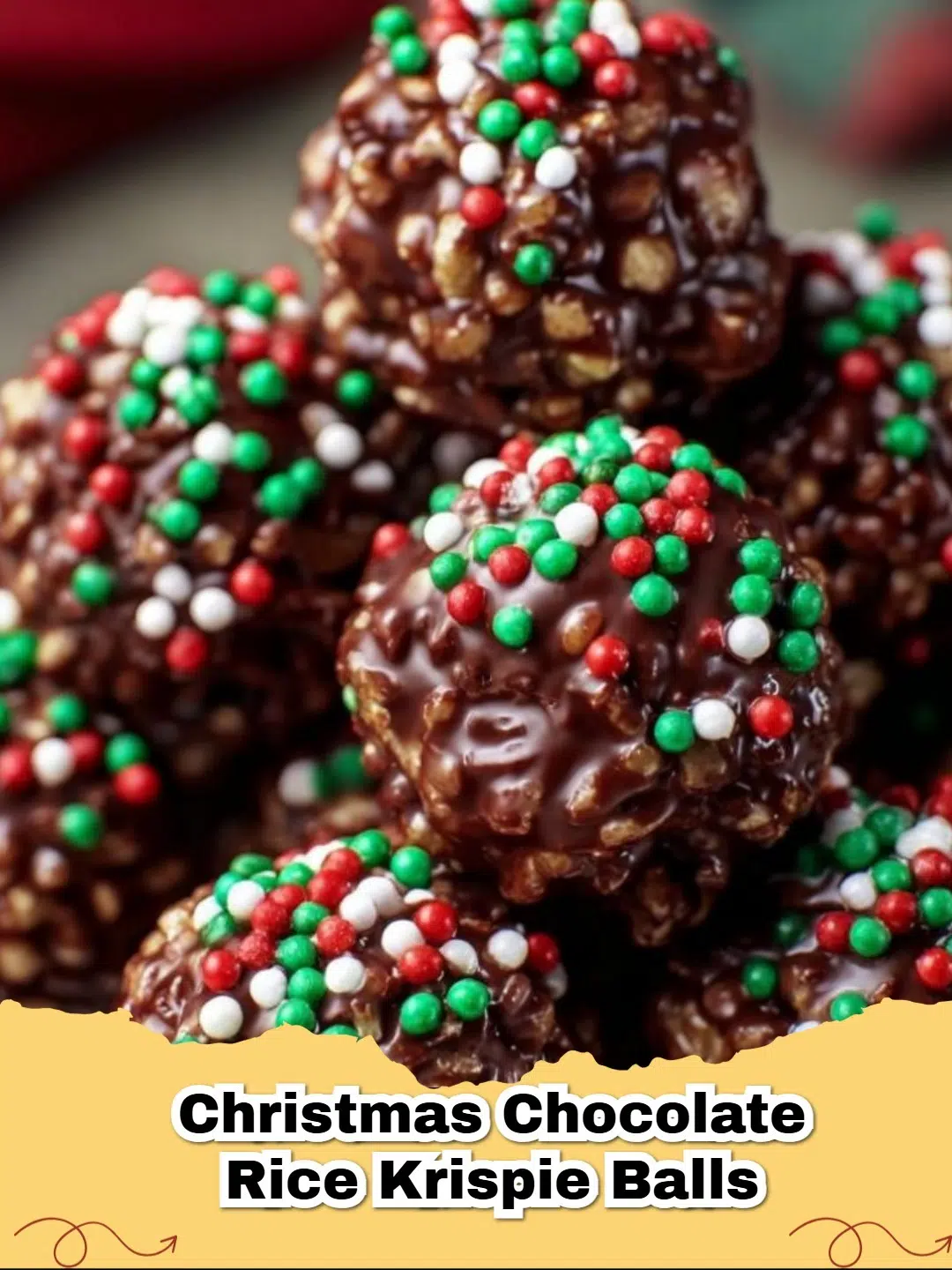 Festive no-bake Christmas peanut butter Rice Krispie balls stacked on a white plate with holiday decorations