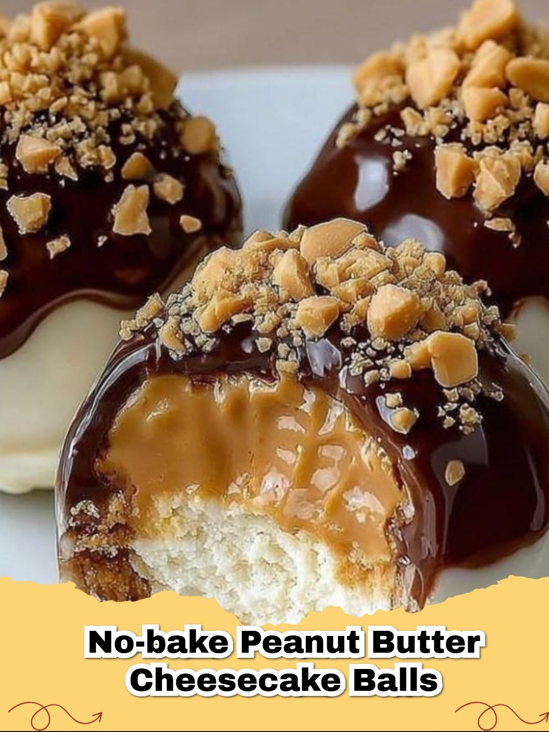 Close-up of decadent No-Bake Peanut Butter Cheesecake Balls coated in chocolate on a platter.