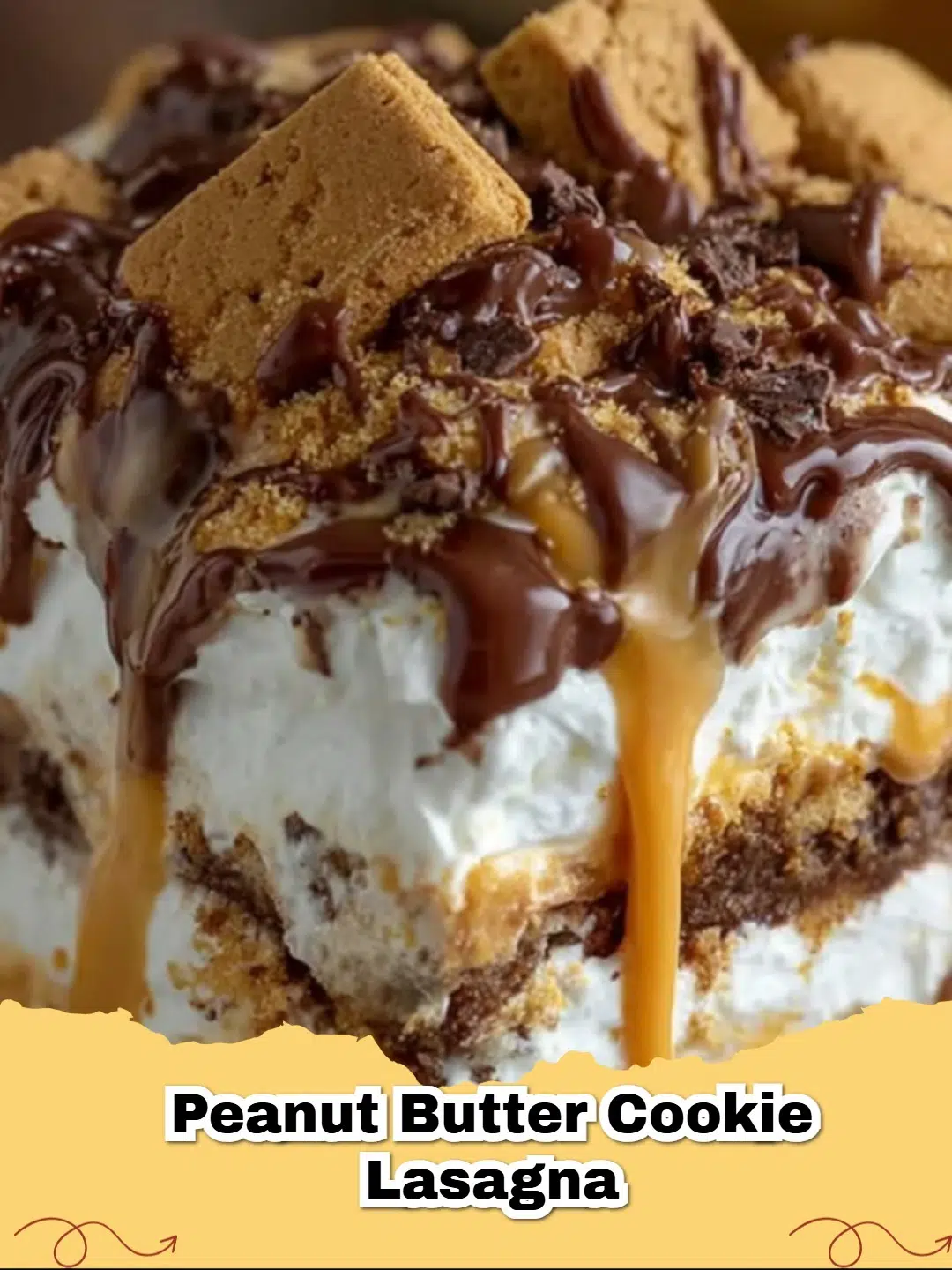 Delicious No-Bake Peanut Butter Cookie Lasagna in a glass dish, garnished with peanuts.